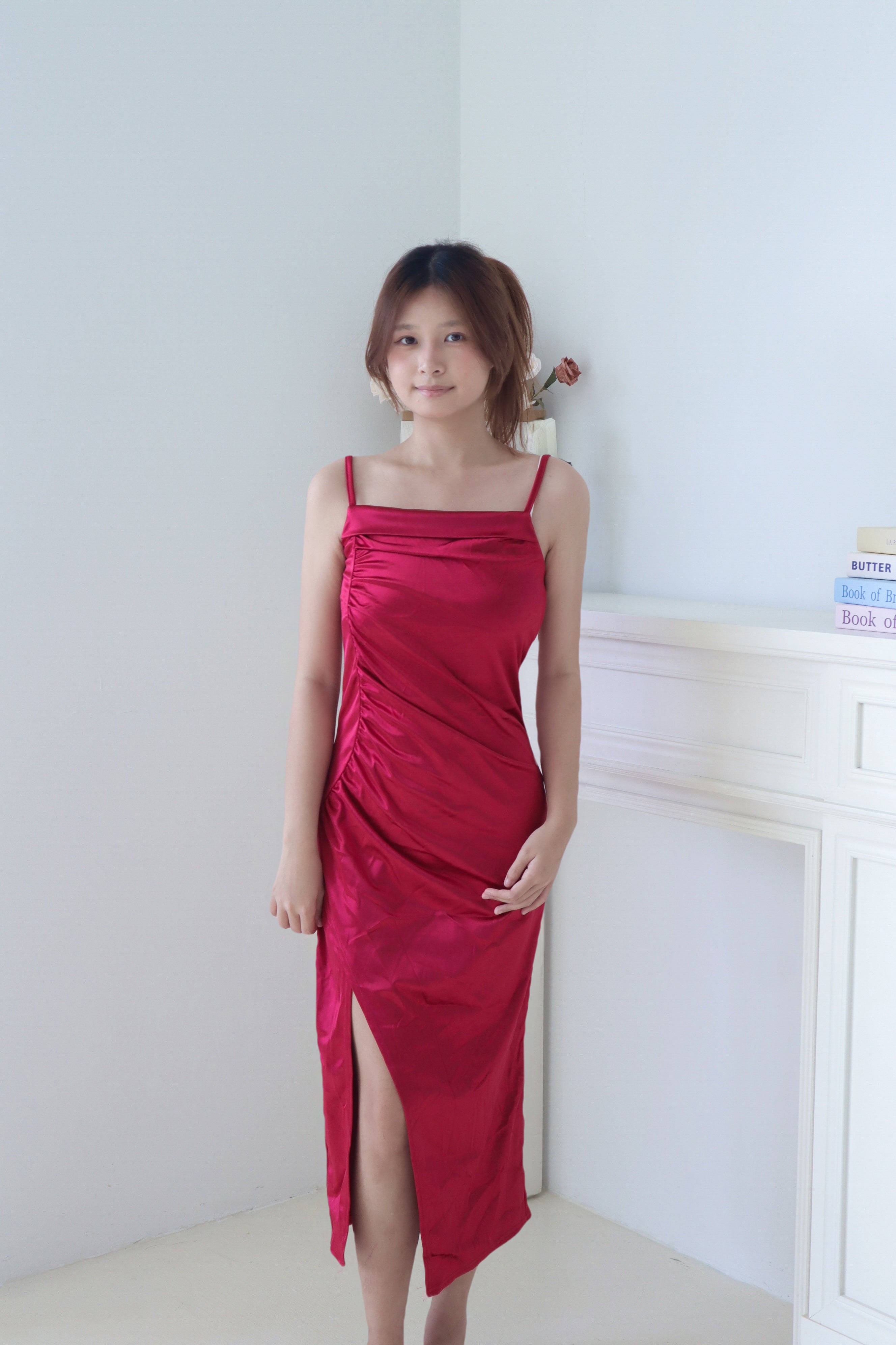 Red Satin Ruched Strap Slit Dress