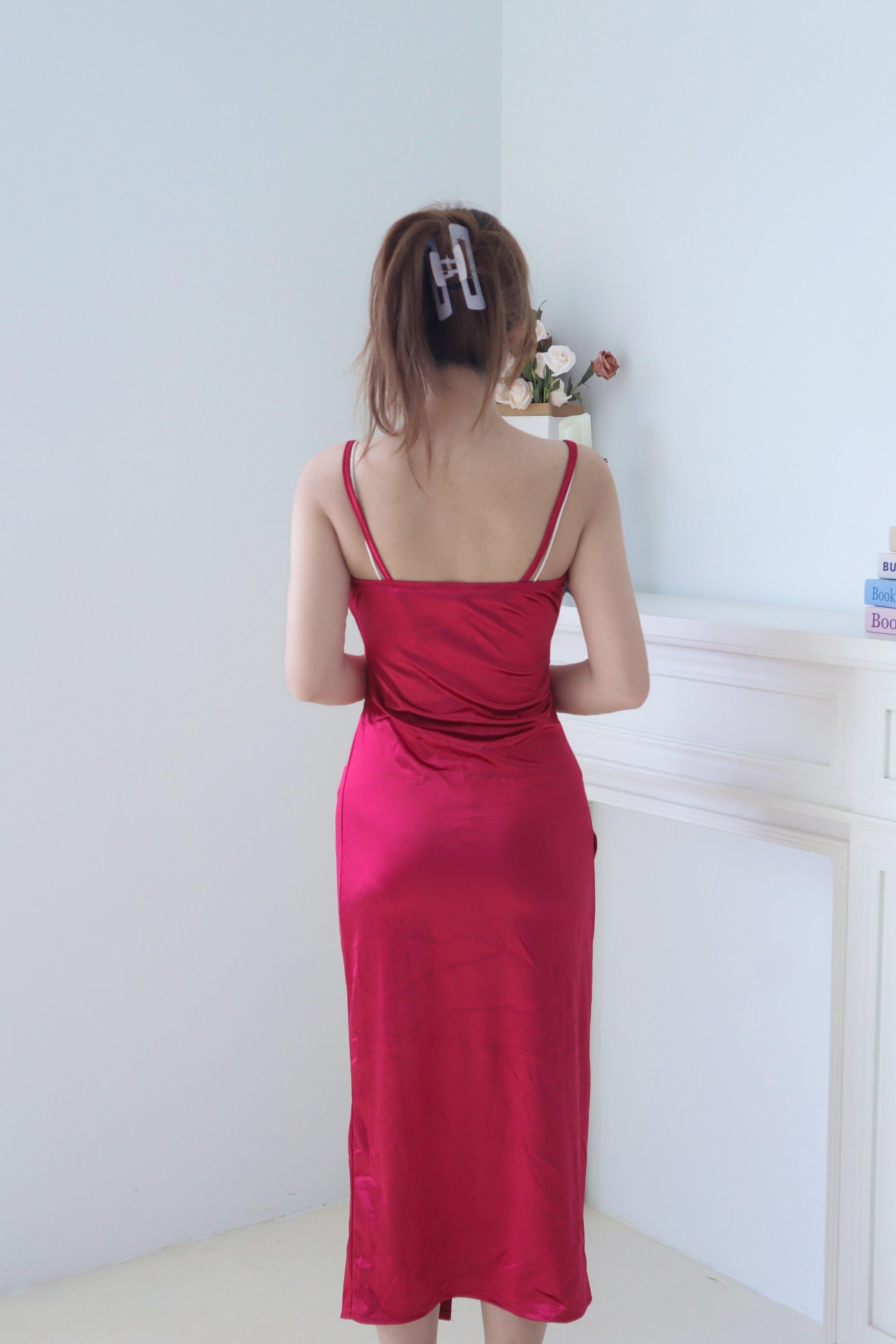 Red Satin Ruched Strap Slit Dress