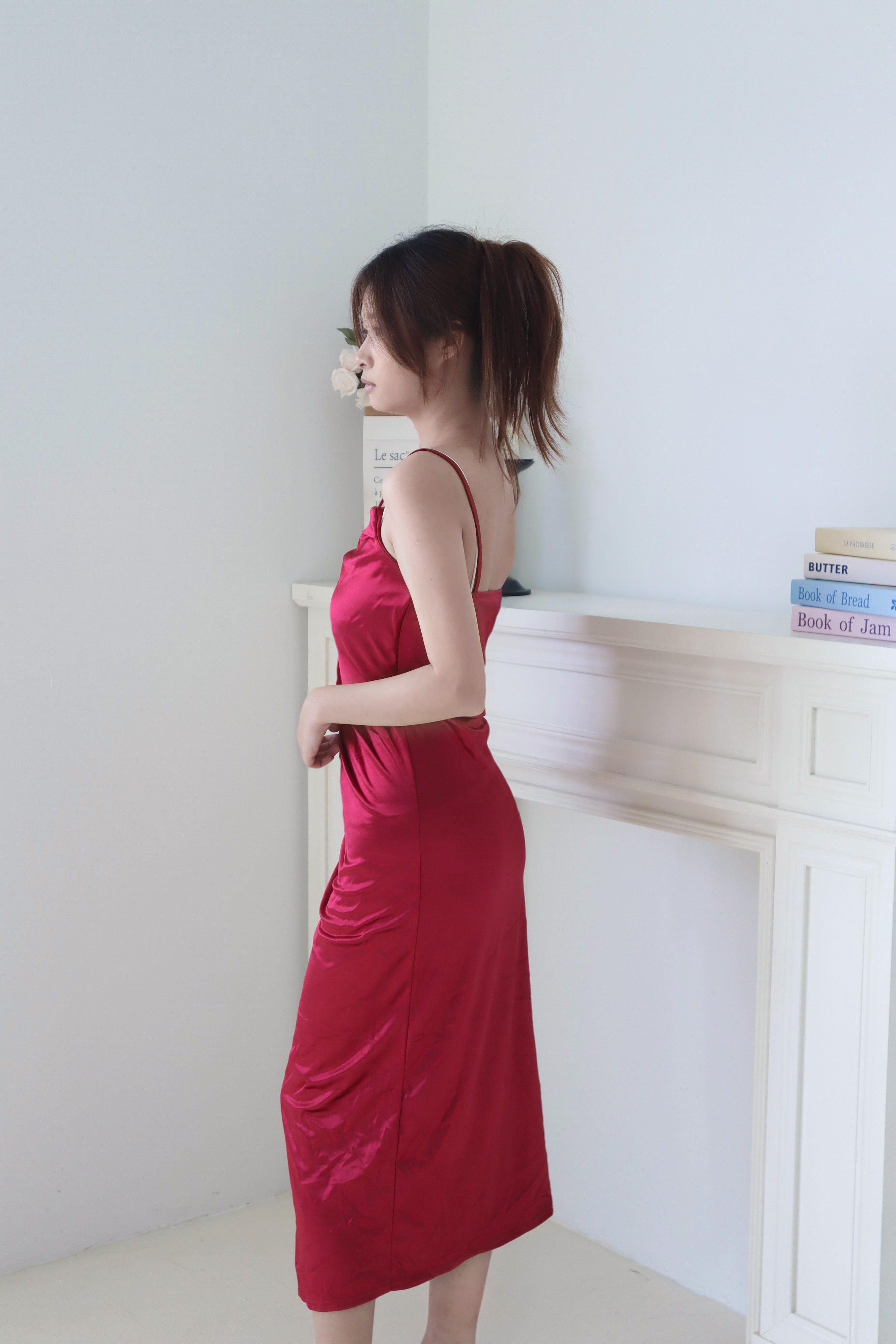 Red Satin Ruched Strap Slit Dress