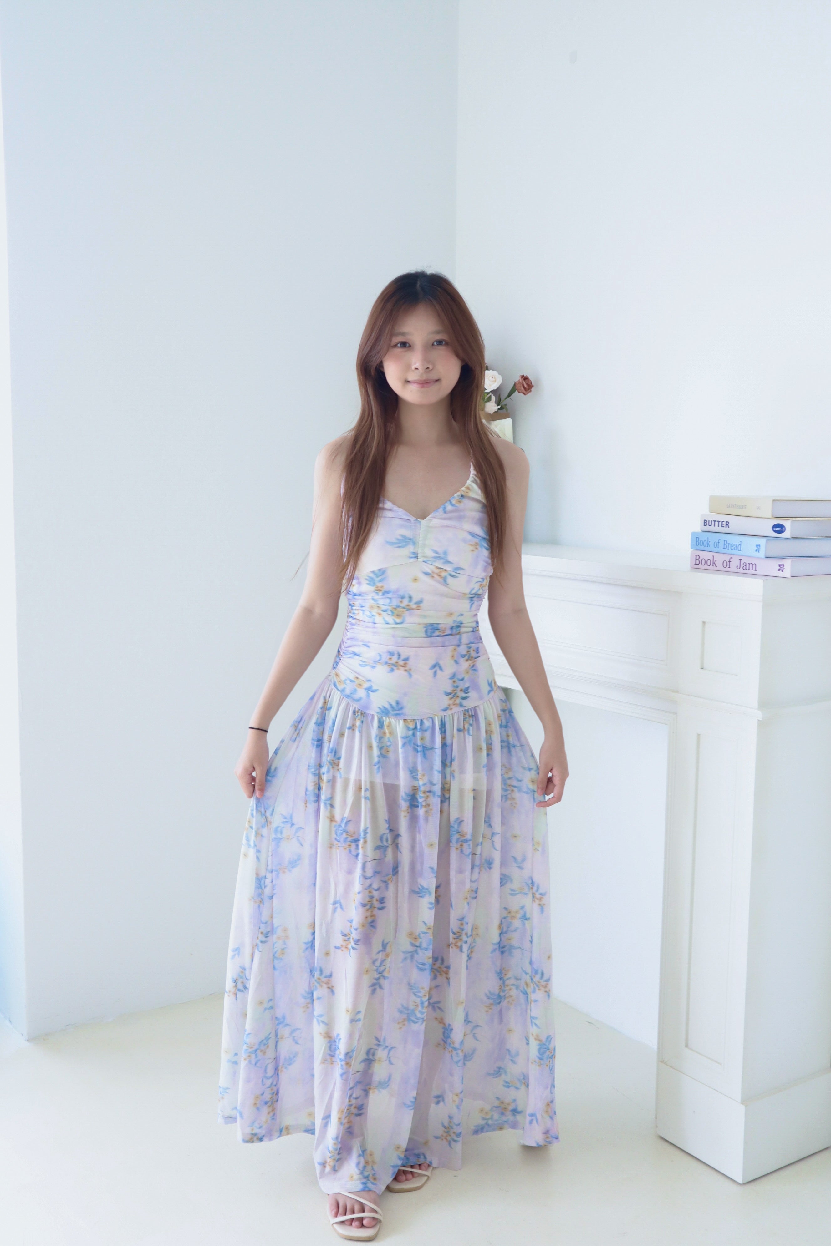 Purple Printed Tie-Neck Halter Maxi Dress