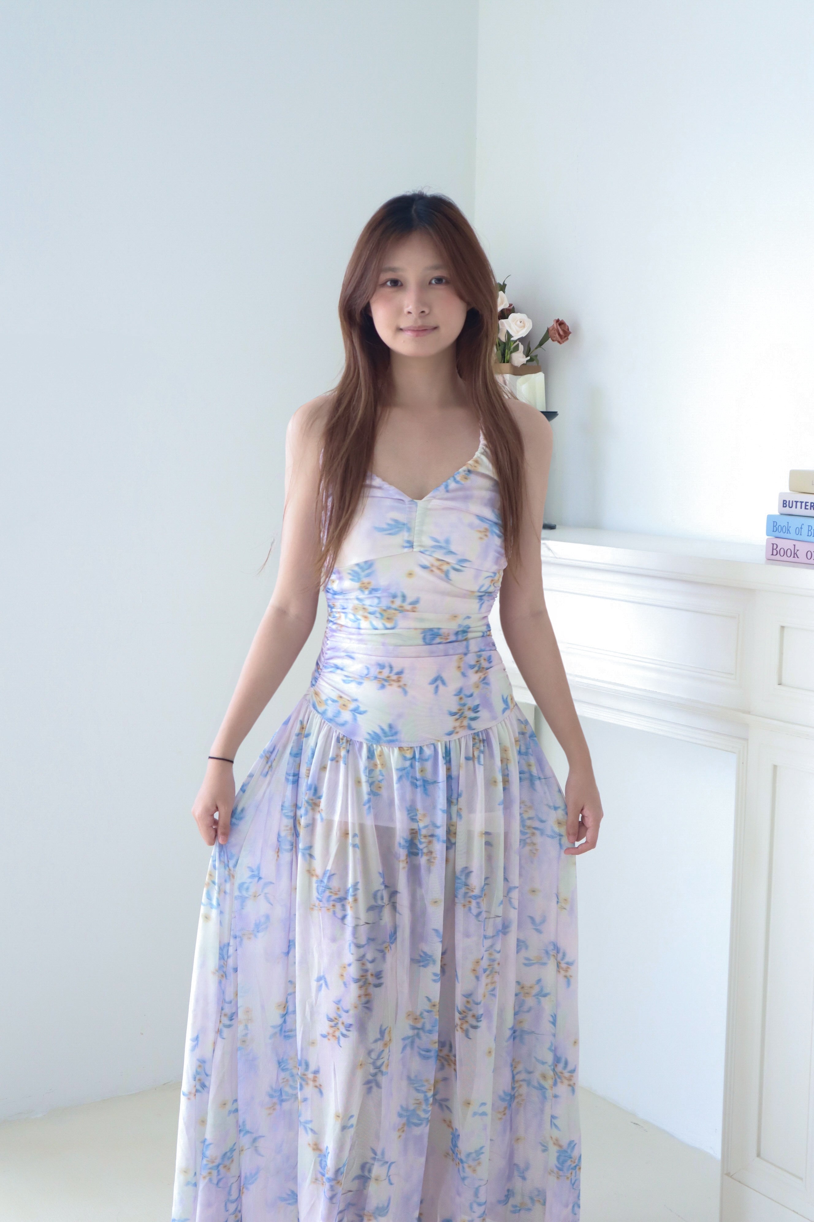 Purple Printed Tie-Neck Halter Maxi Dress