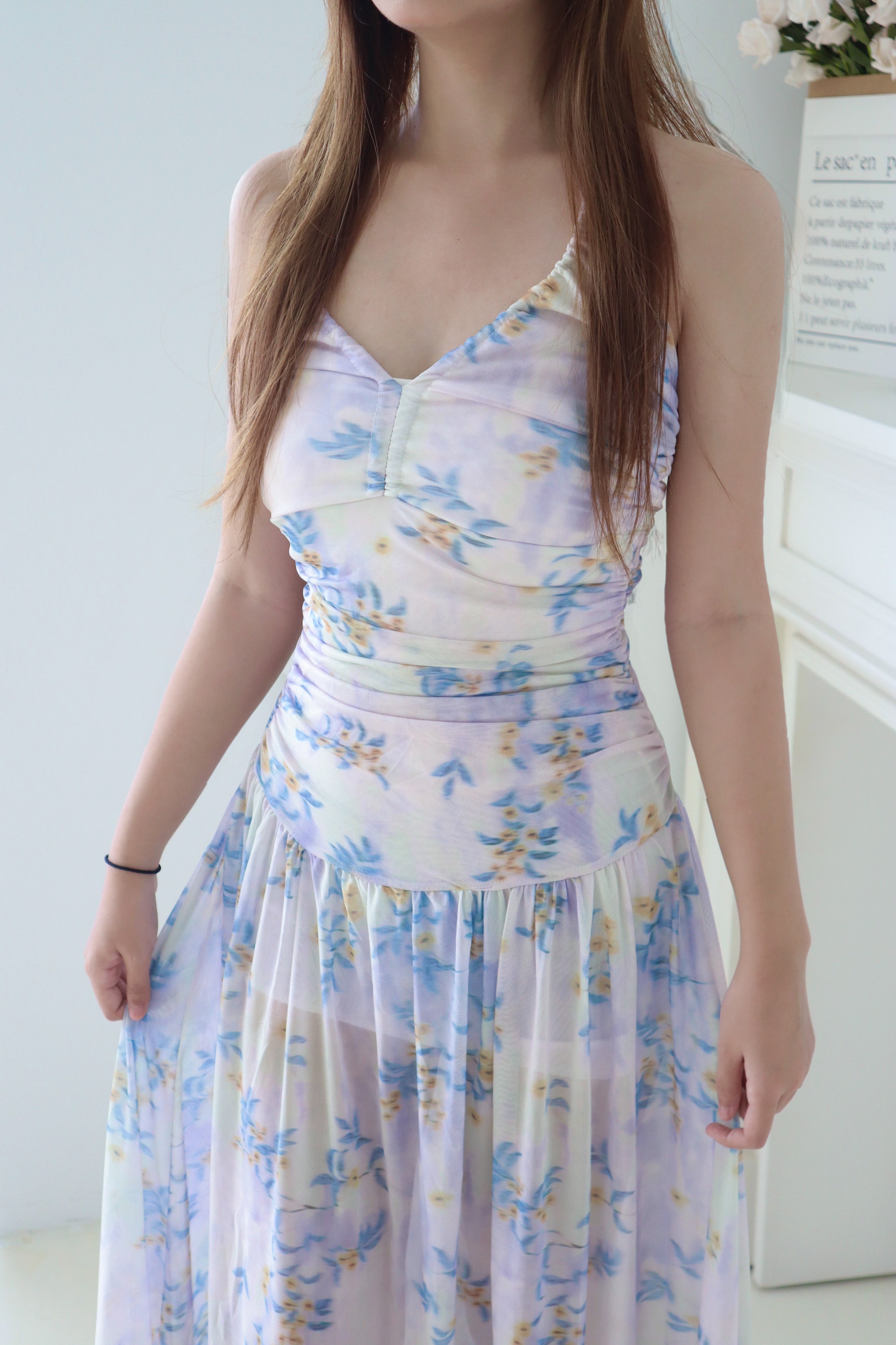 Purple Printed Tie-Neck Halter Maxi Dress