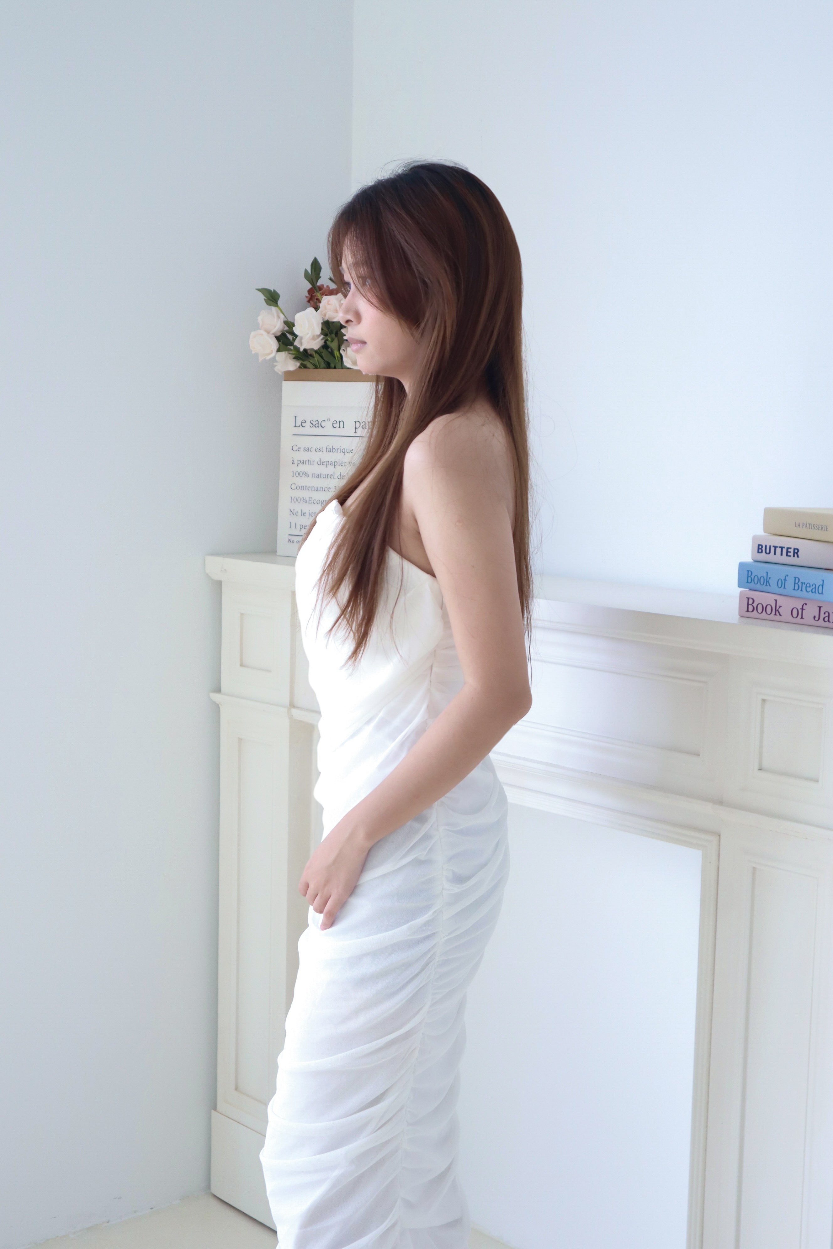 White Tulle Off-Shoulder Ruched Maxi Dress
