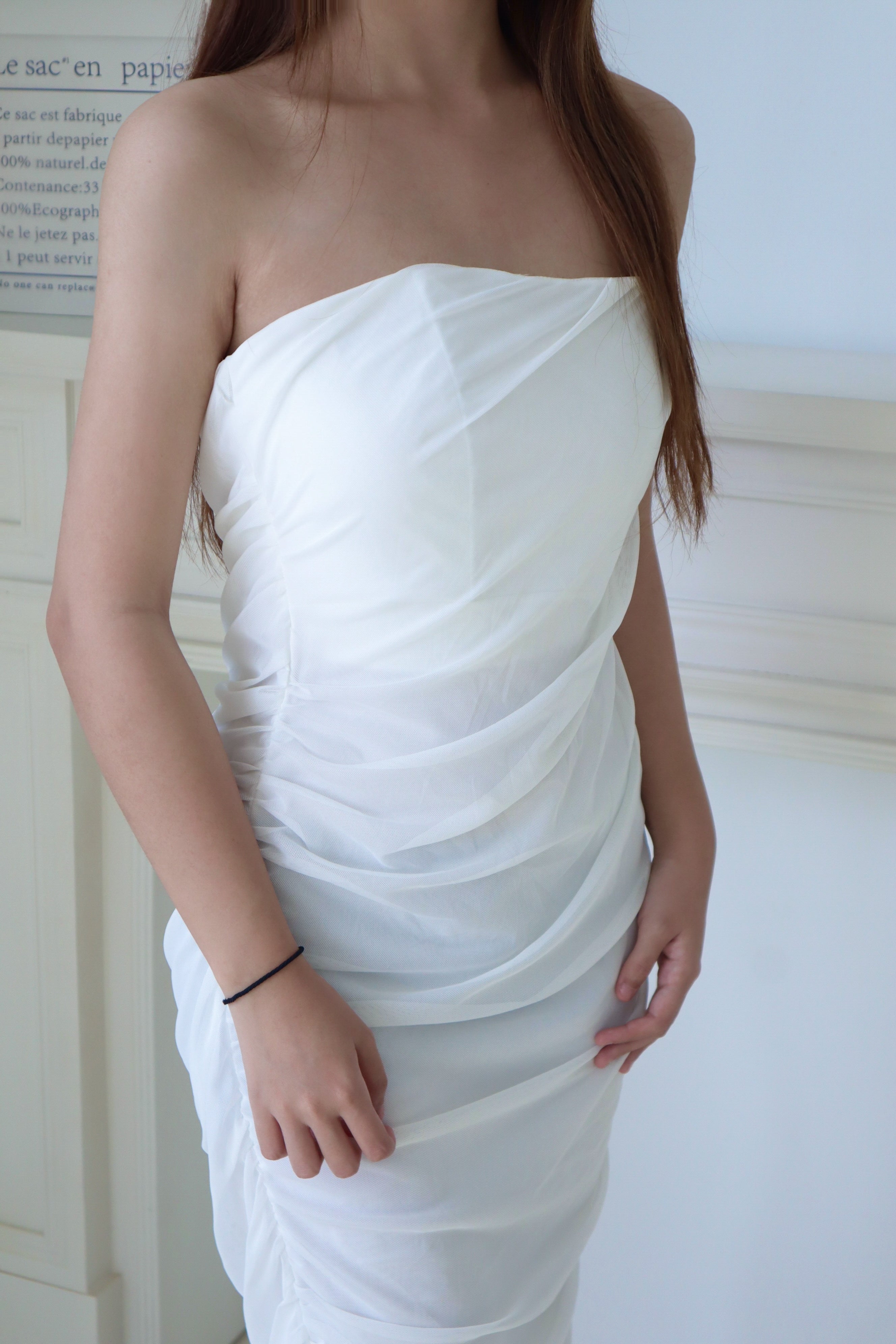 White Tulle Off-Shoulder Ruched Maxi Dress