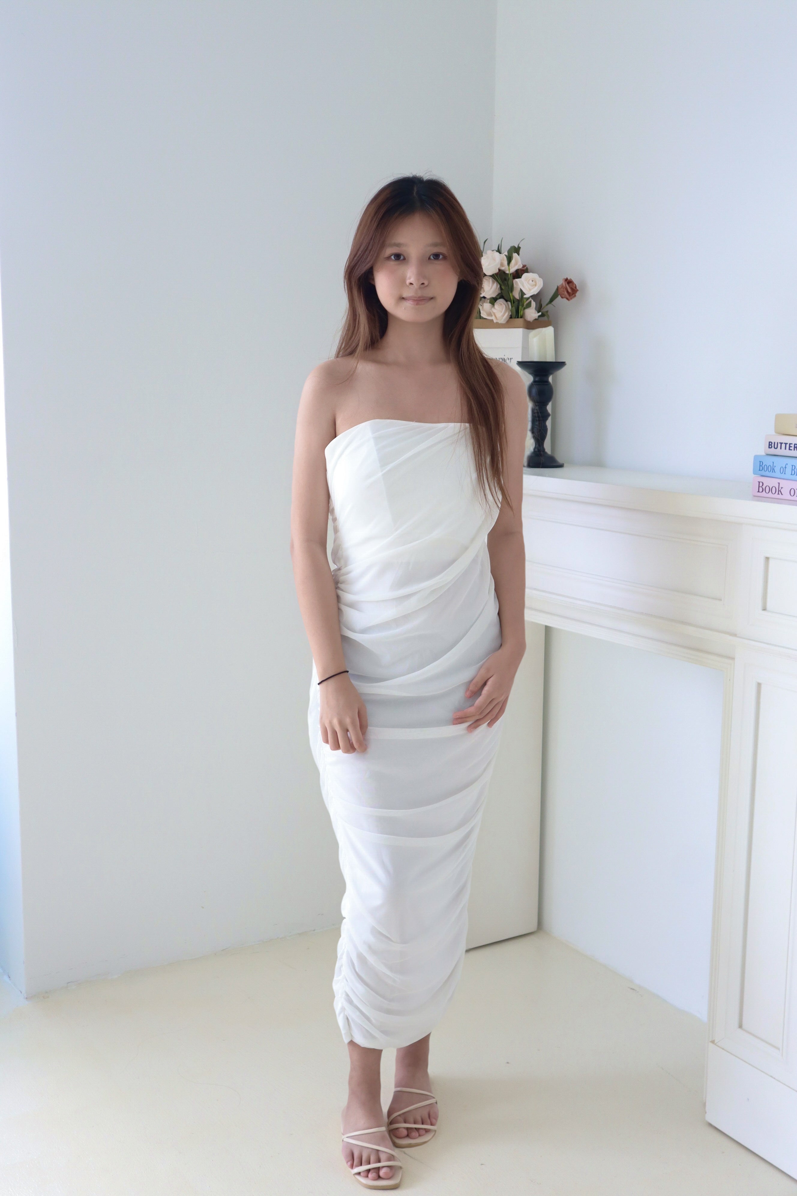 White Tulle Off-Shoulder Ruched Maxi Dress