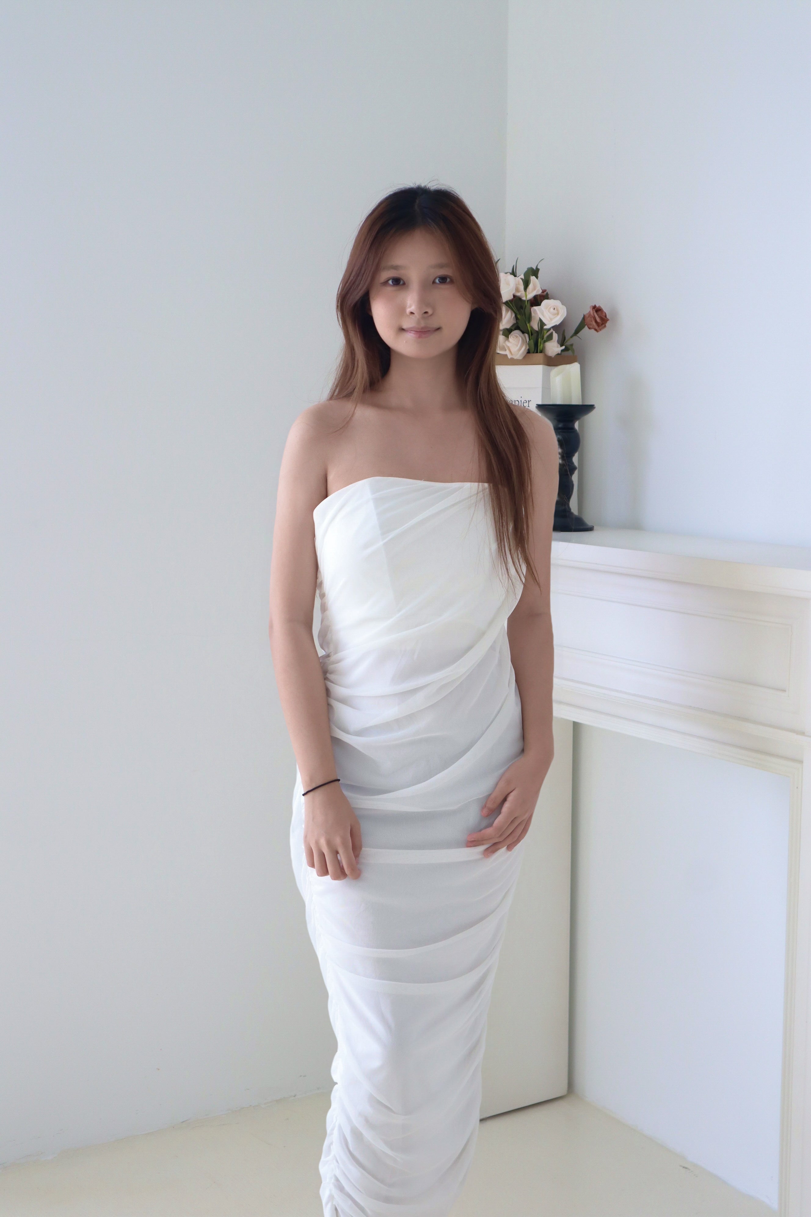 White Tulle Off-Shoulder Ruched Maxi Dress