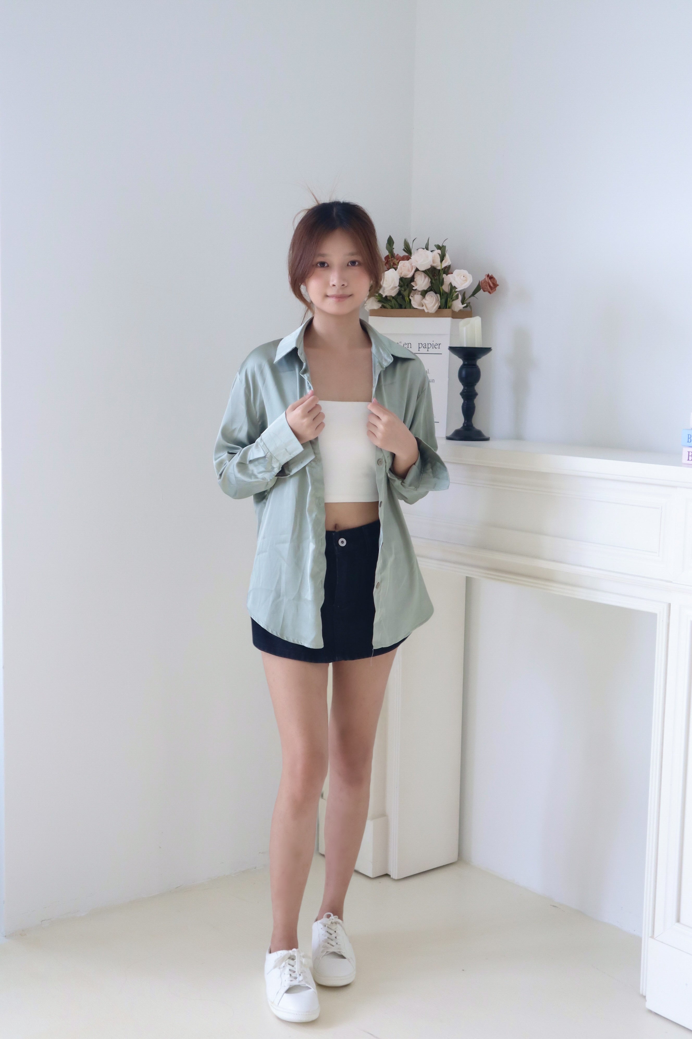 Green Chiffon Long-Sleeve Shirt
