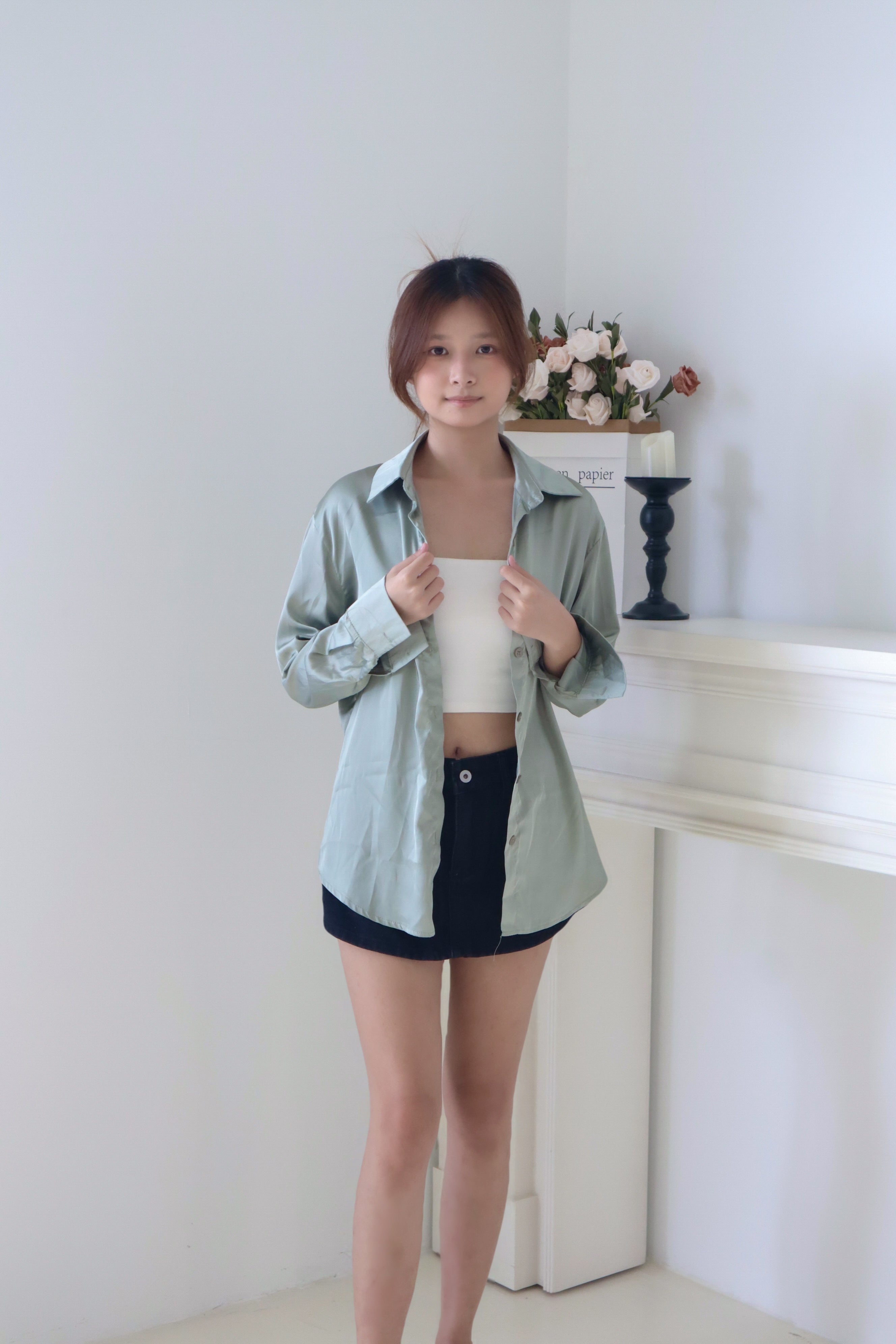 Green Chiffon Long-Sleeve Shirt