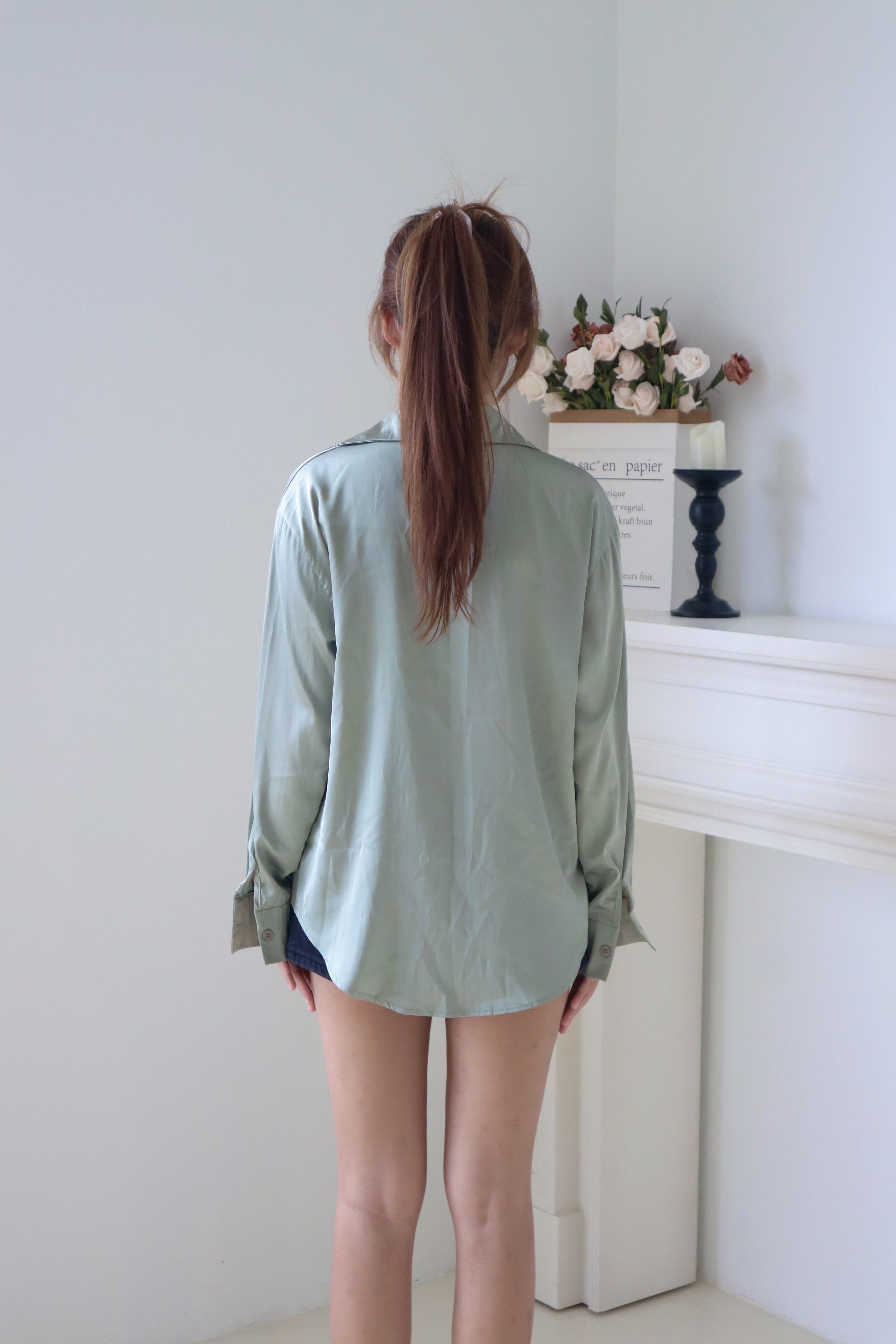 Green Chiffon Long-Sleeve Shirt