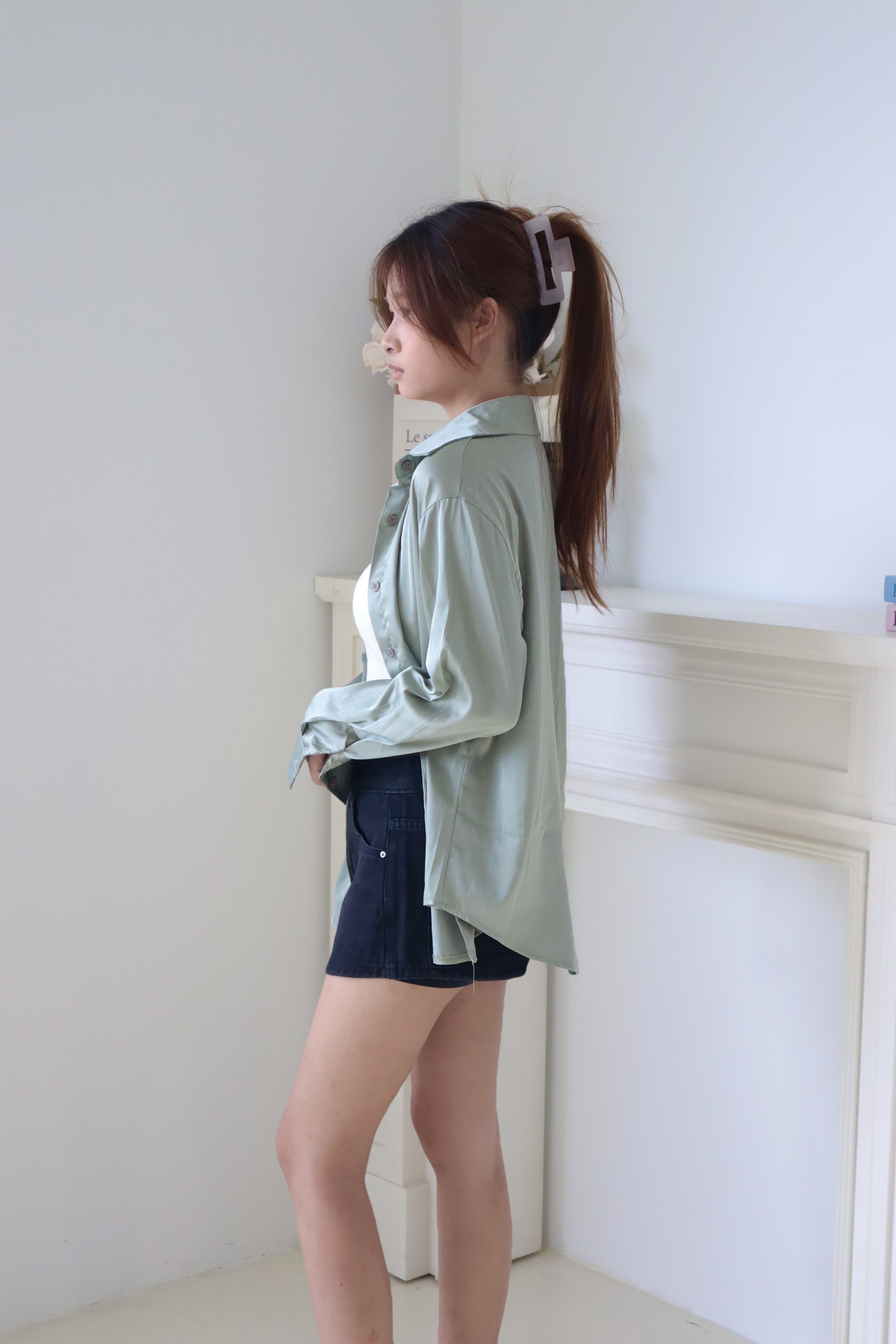 Green Chiffon Long-Sleeve Shirt