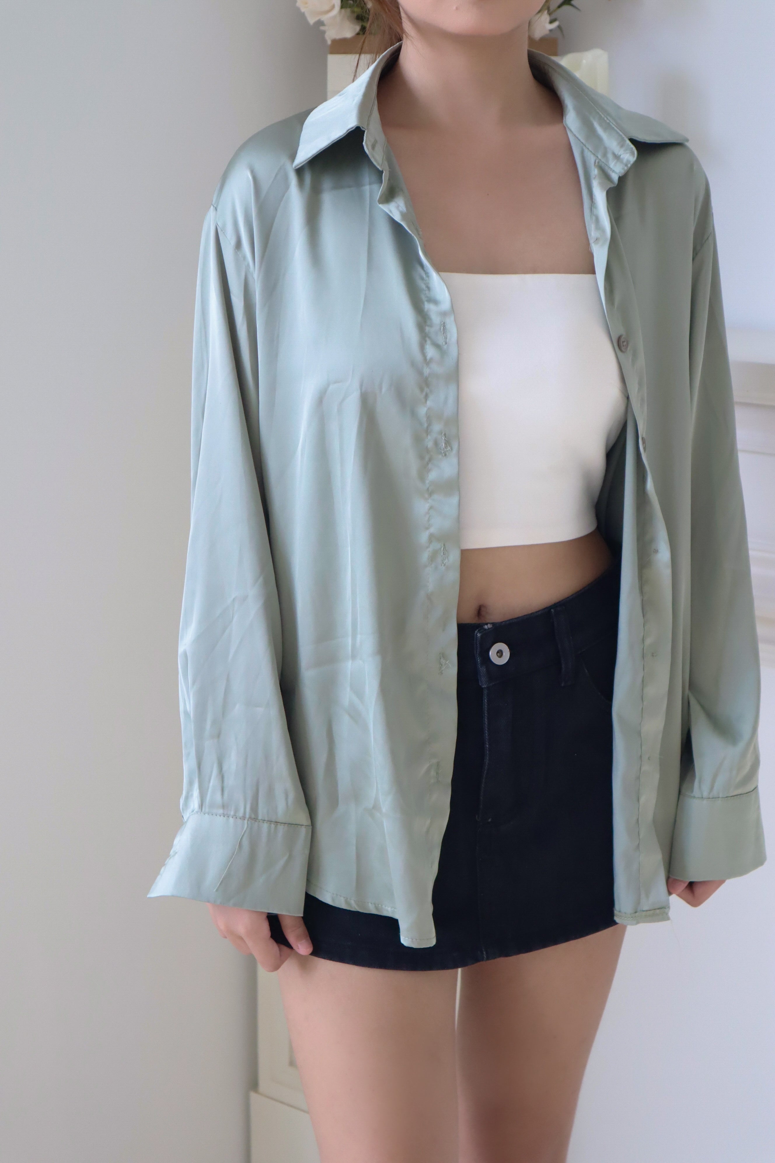 Green Chiffon Long-Sleeve Shirt