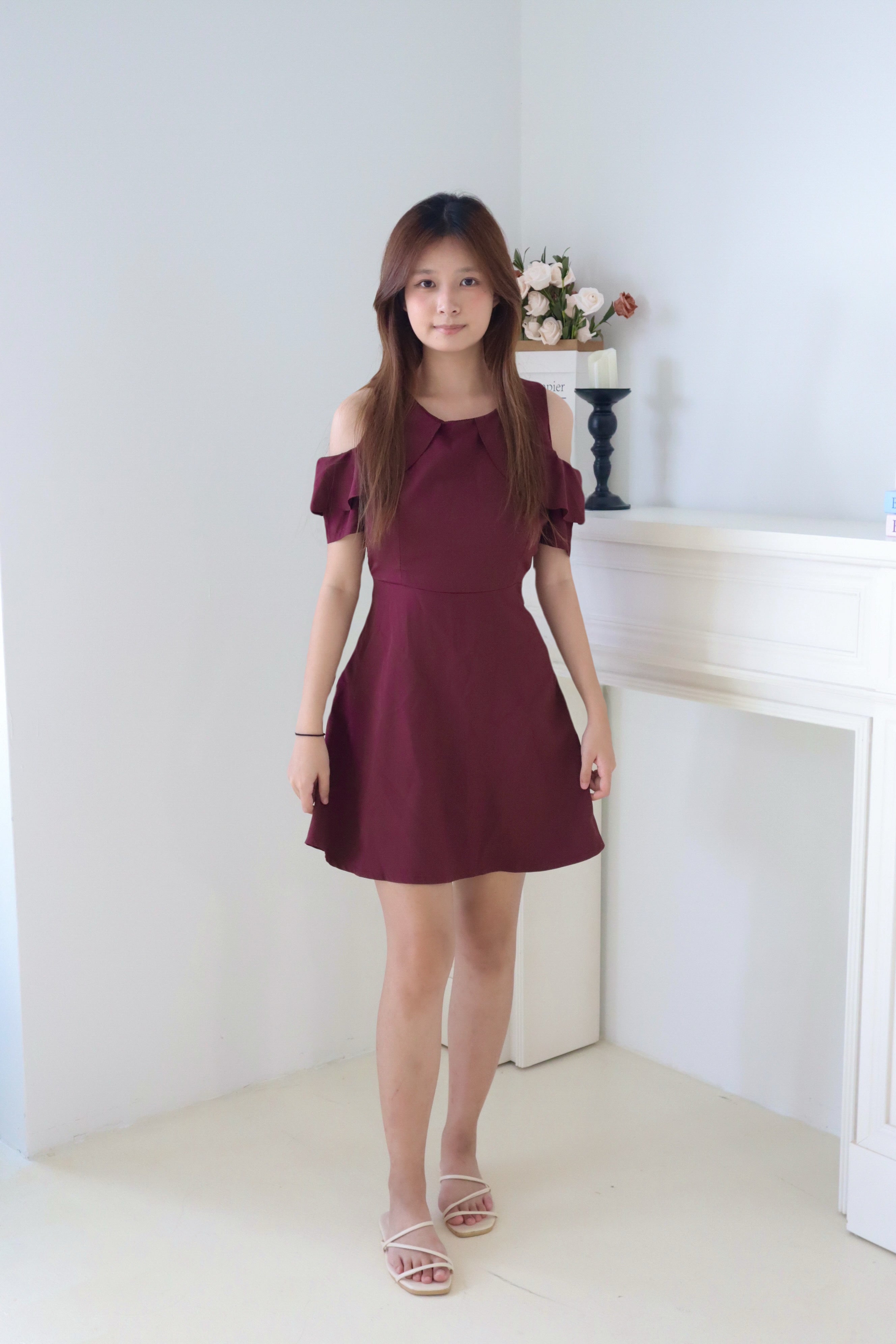 Wine Red Cold Shoulder Ruffle Sleeve A-line Mini Dress
