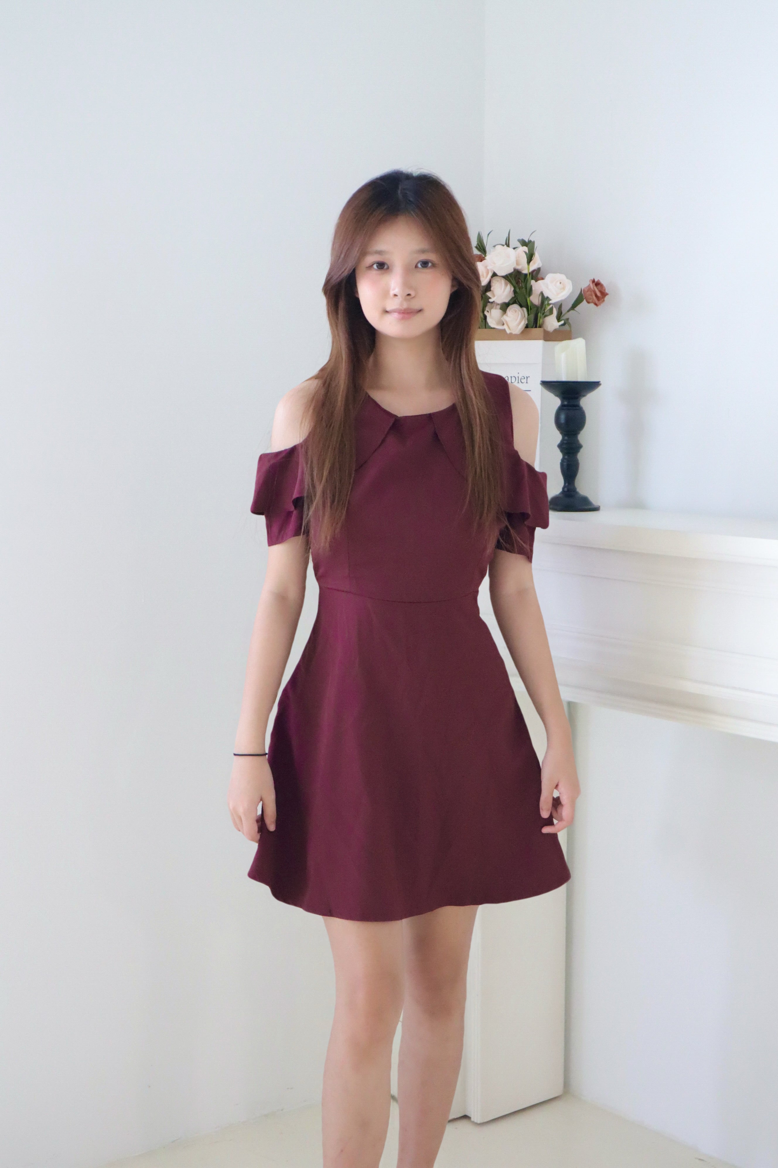 Wine Red Cold Shoulder Ruffle Sleeve A-line Mini Dress