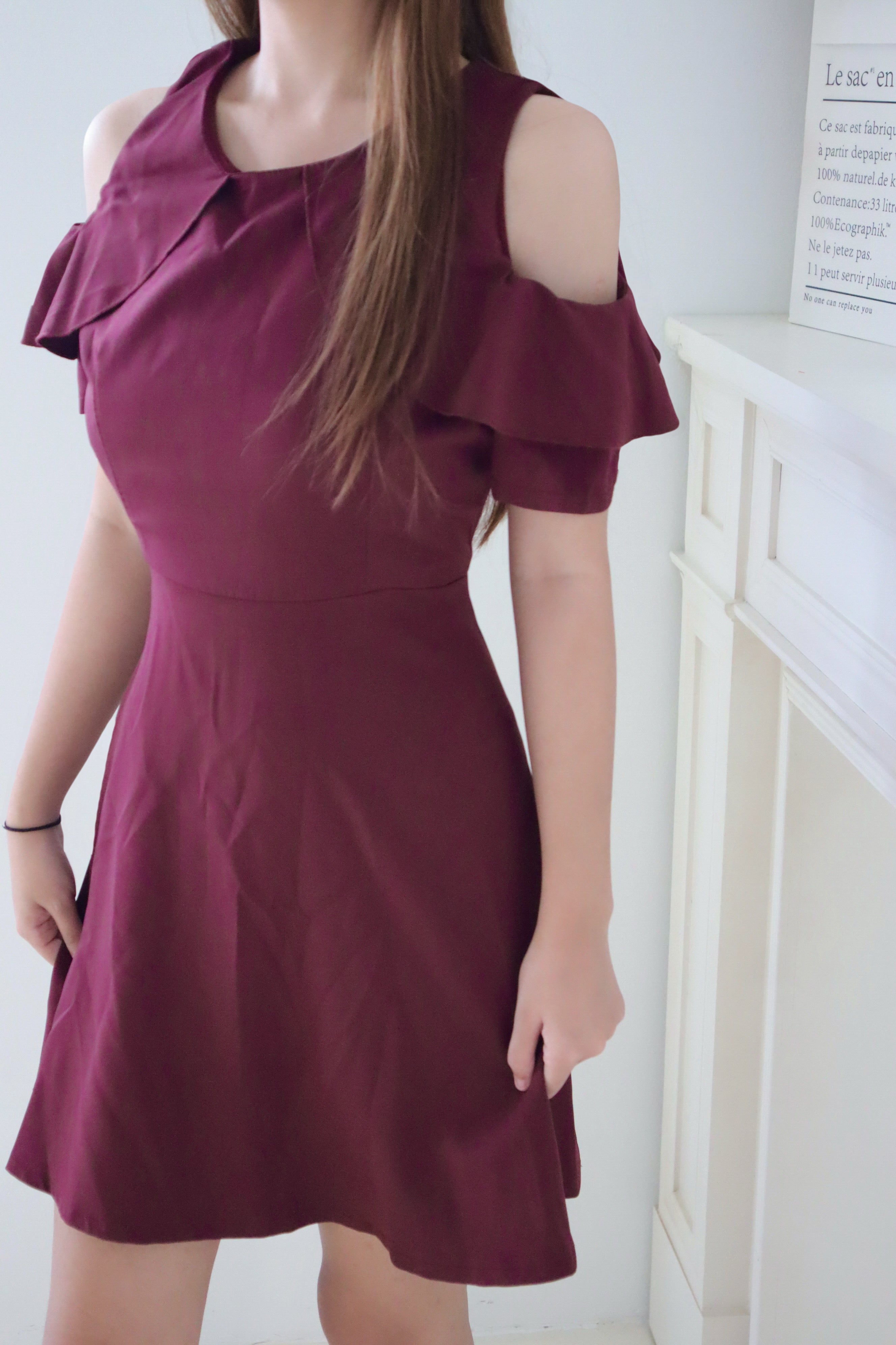 Wine Red Cold Shoulder Ruffle Sleeve A-line Mini Dress