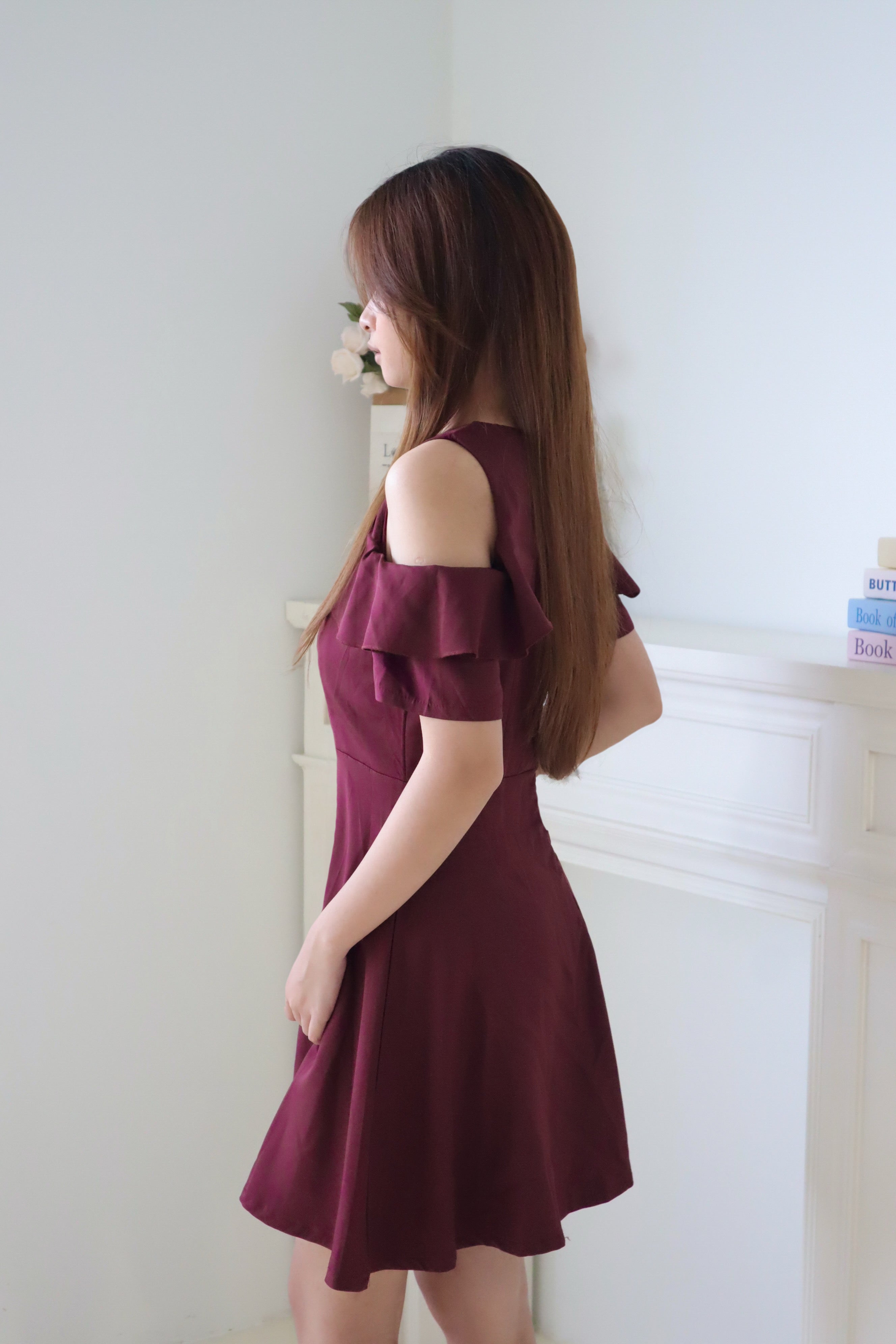 Wine Red Cold Shoulder Ruffle Sleeve A-line Mini Dress