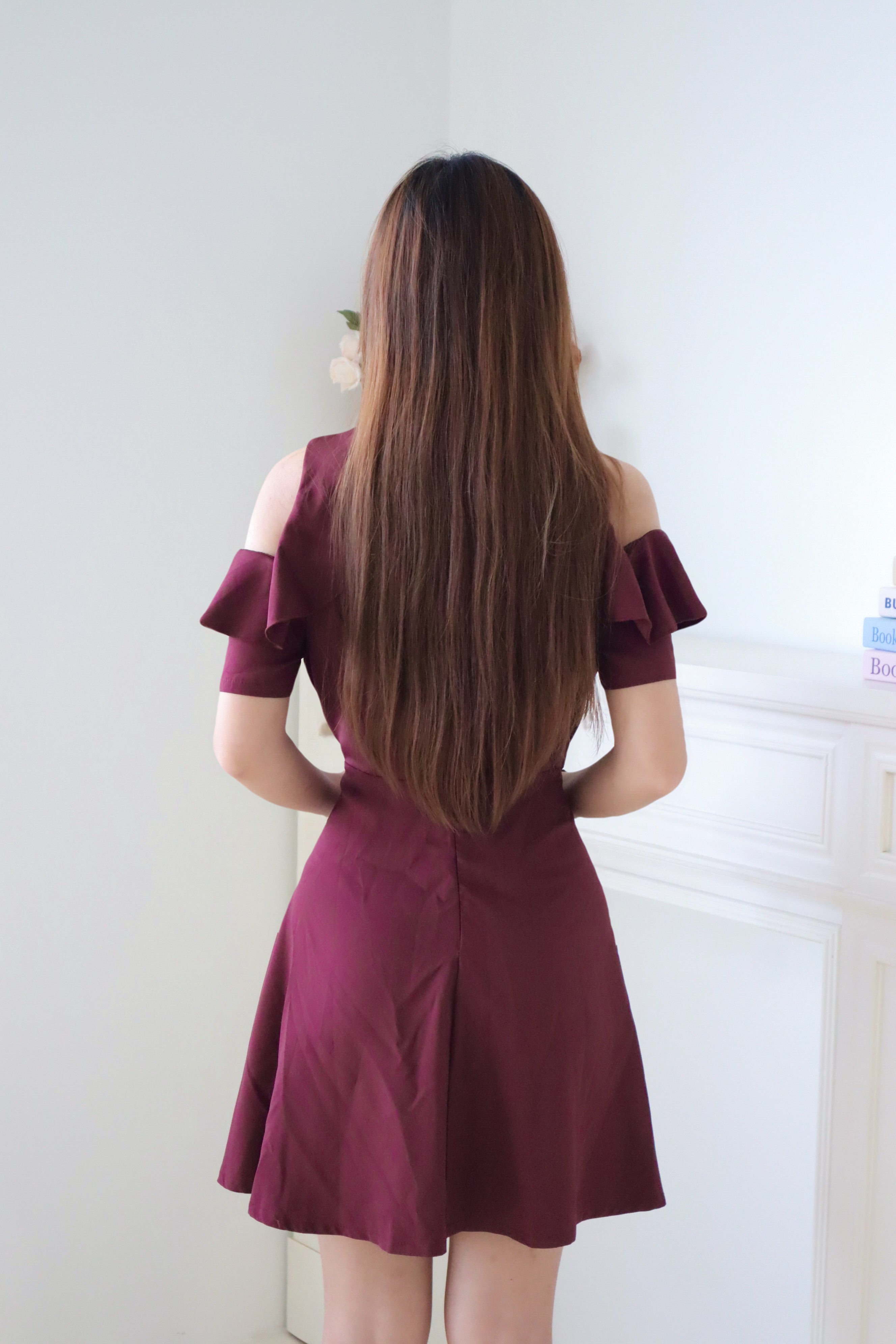 Wine Red Cold Shoulder Ruffle Sleeve A-line Mini Dress