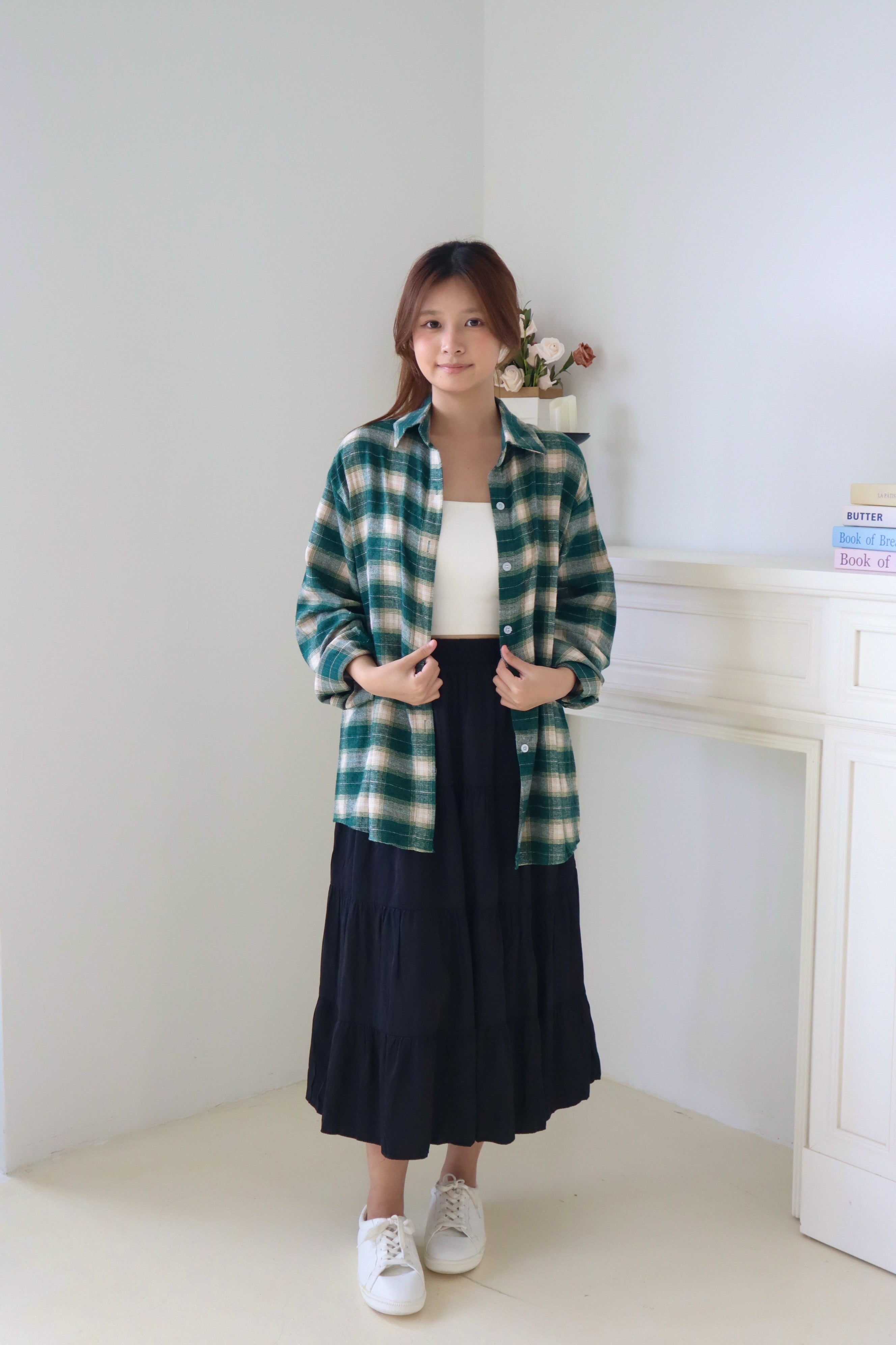 Green Pure Cotton Long-Sleeve Plaid Shirt