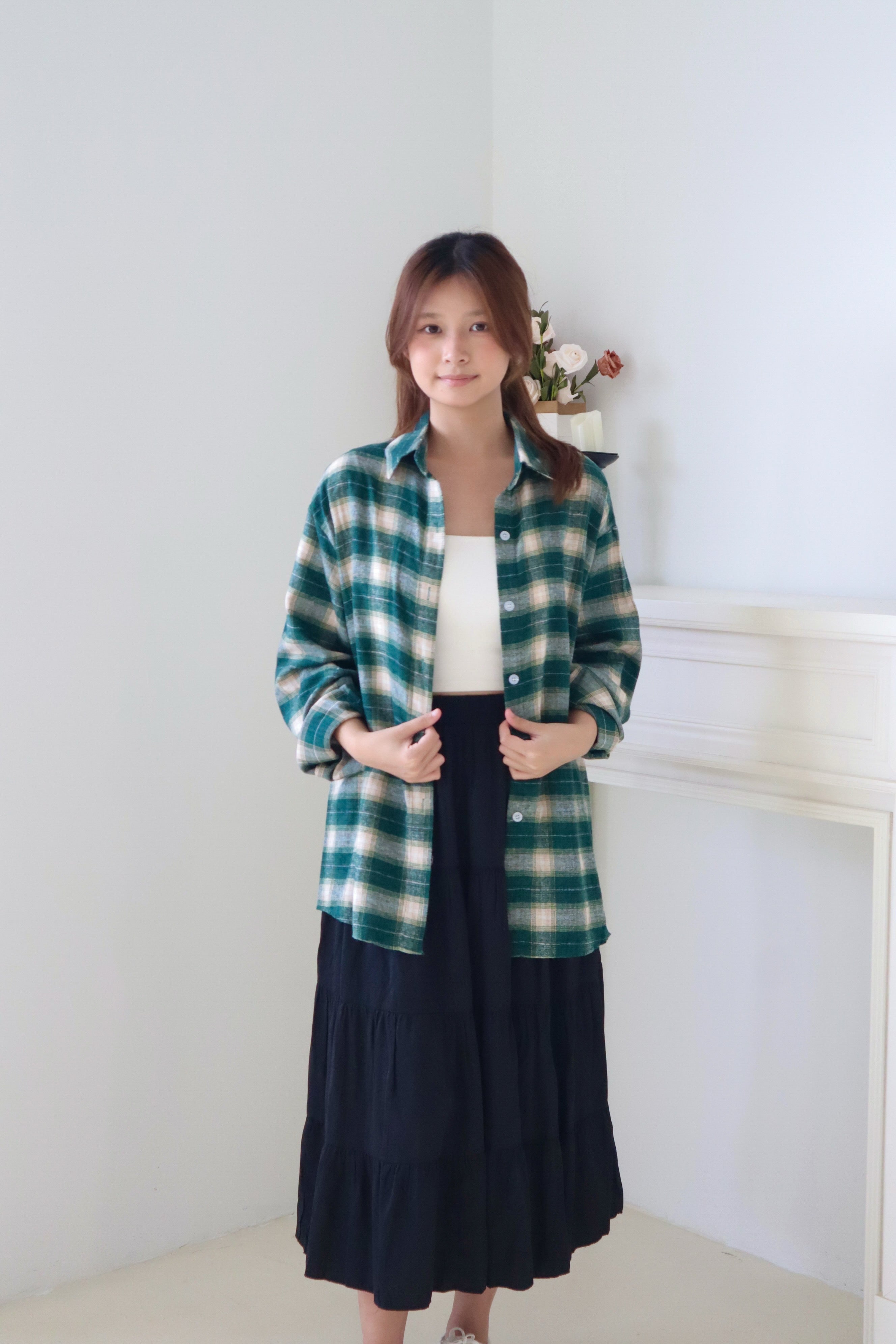 Green Pure Cotton Long-Sleeve Plaid Shirt