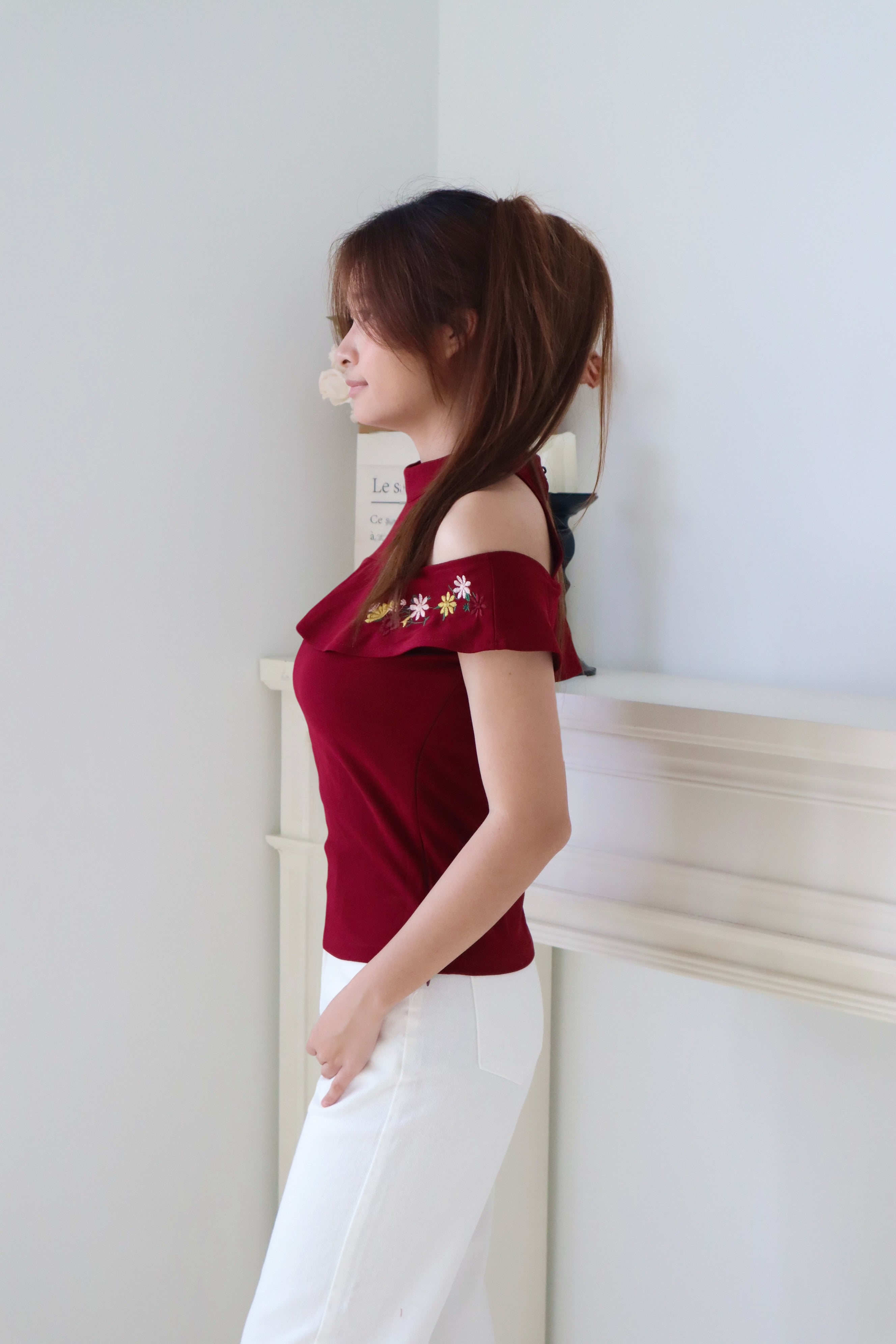 Wine Red Halter Neck Cold Shoulder Embroidered Ruffle Top
