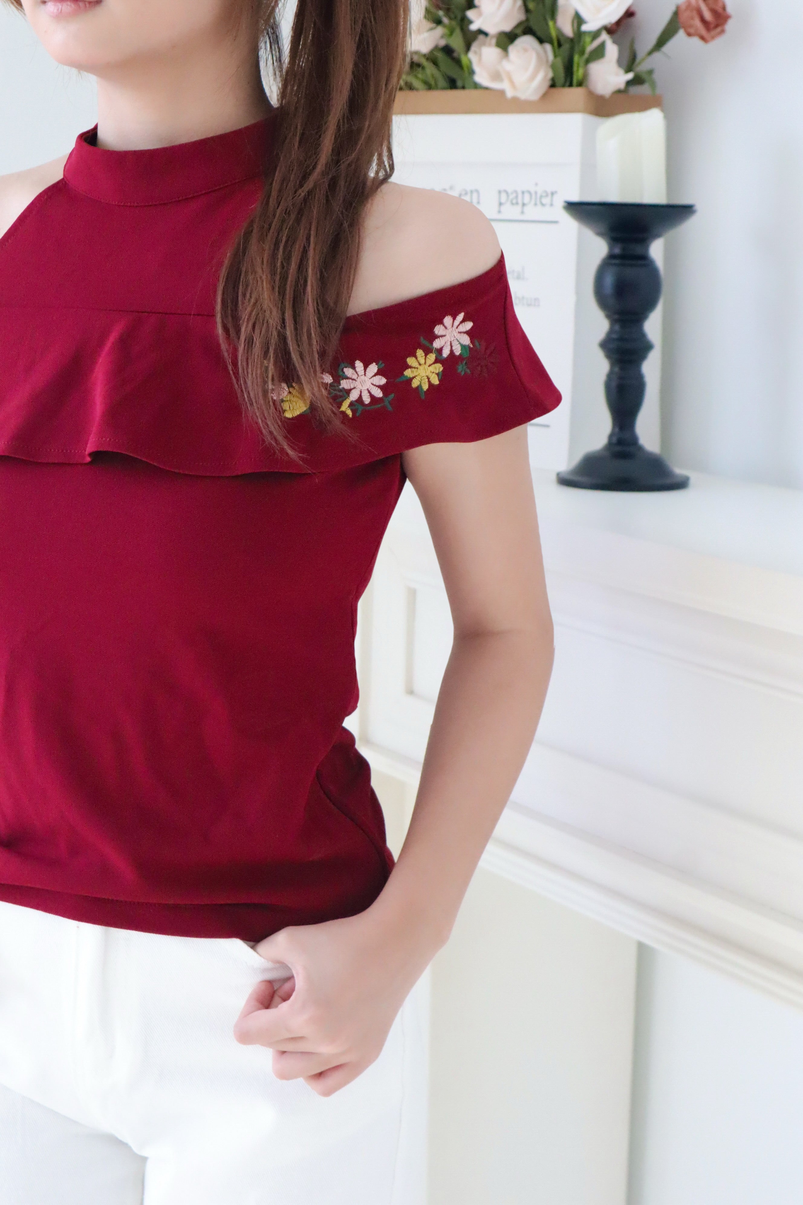 Wine Red Halter Neck Cold Shoulder Embroidered Ruffle Top