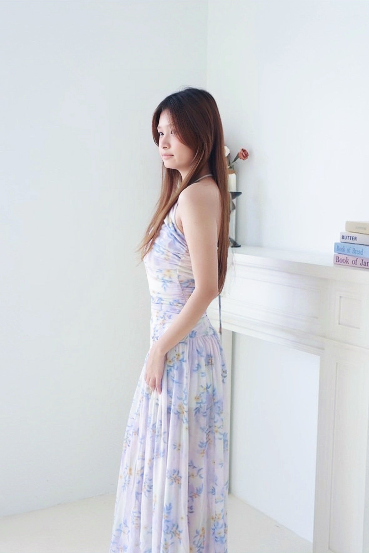 Purple Printed Tie-Neck Halter Maxi Dress