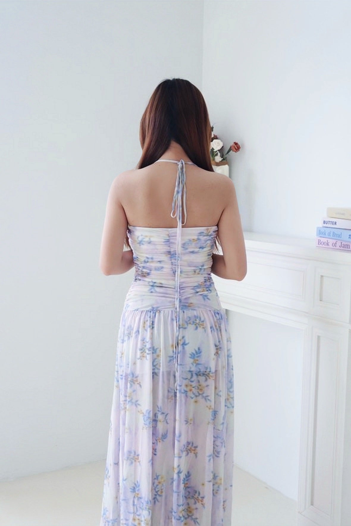 Purple Printed Tie-Neck Halter Maxi Dress
