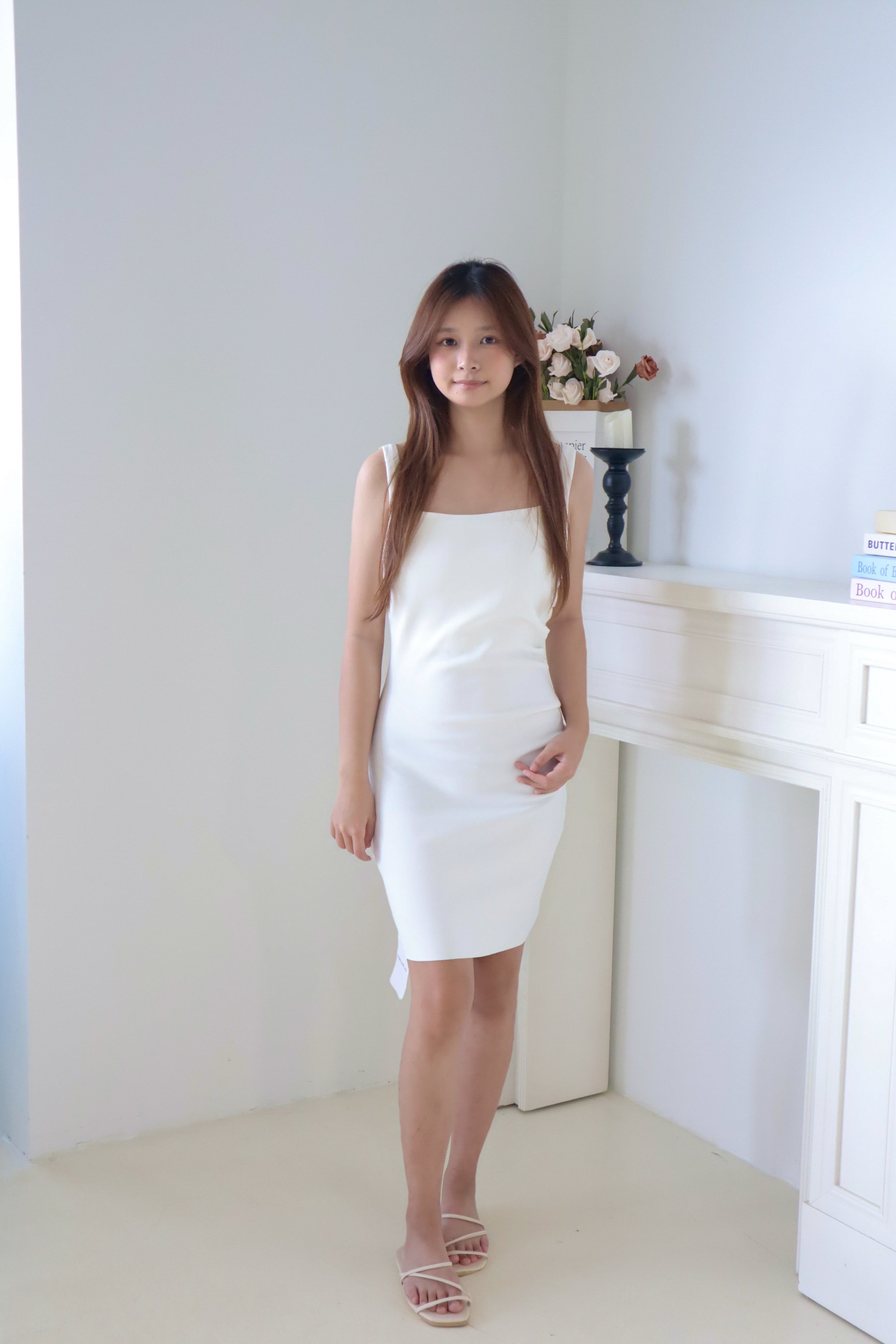 White Square Neck Midi Dress