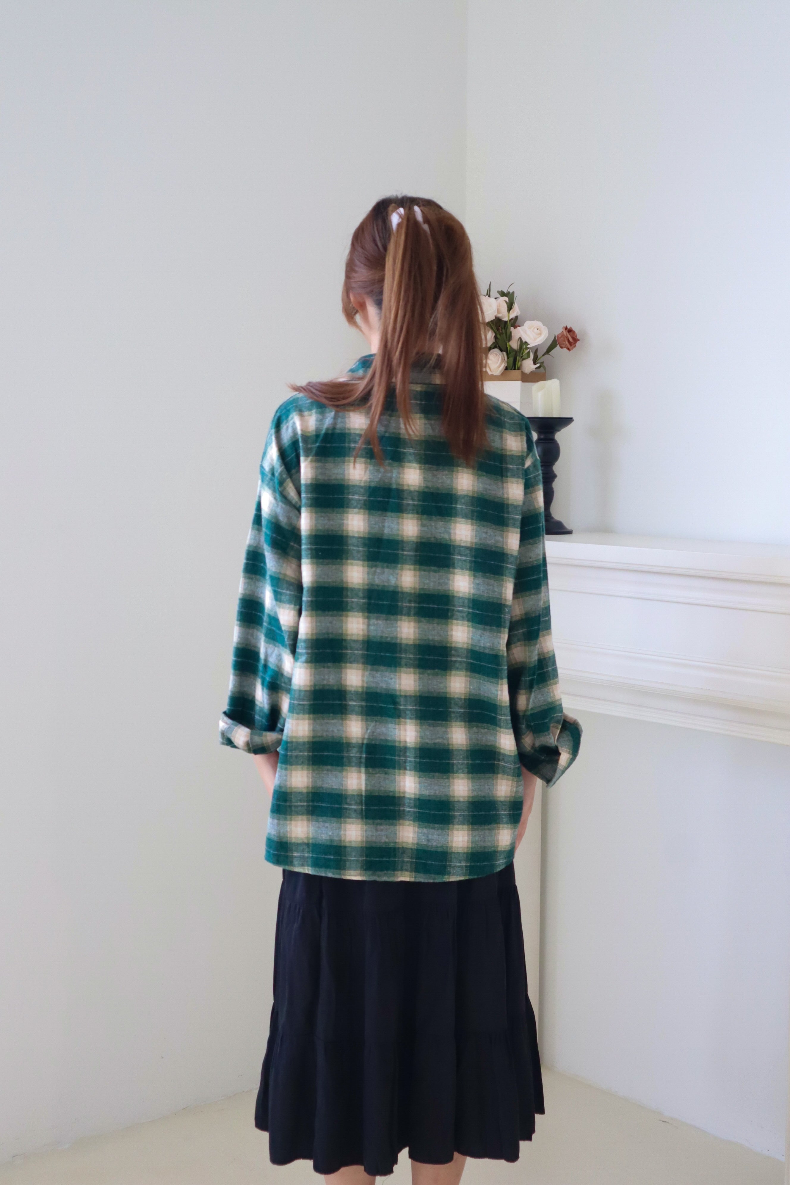 Green Pure Cotton Long-Sleeve Plaid Shirt