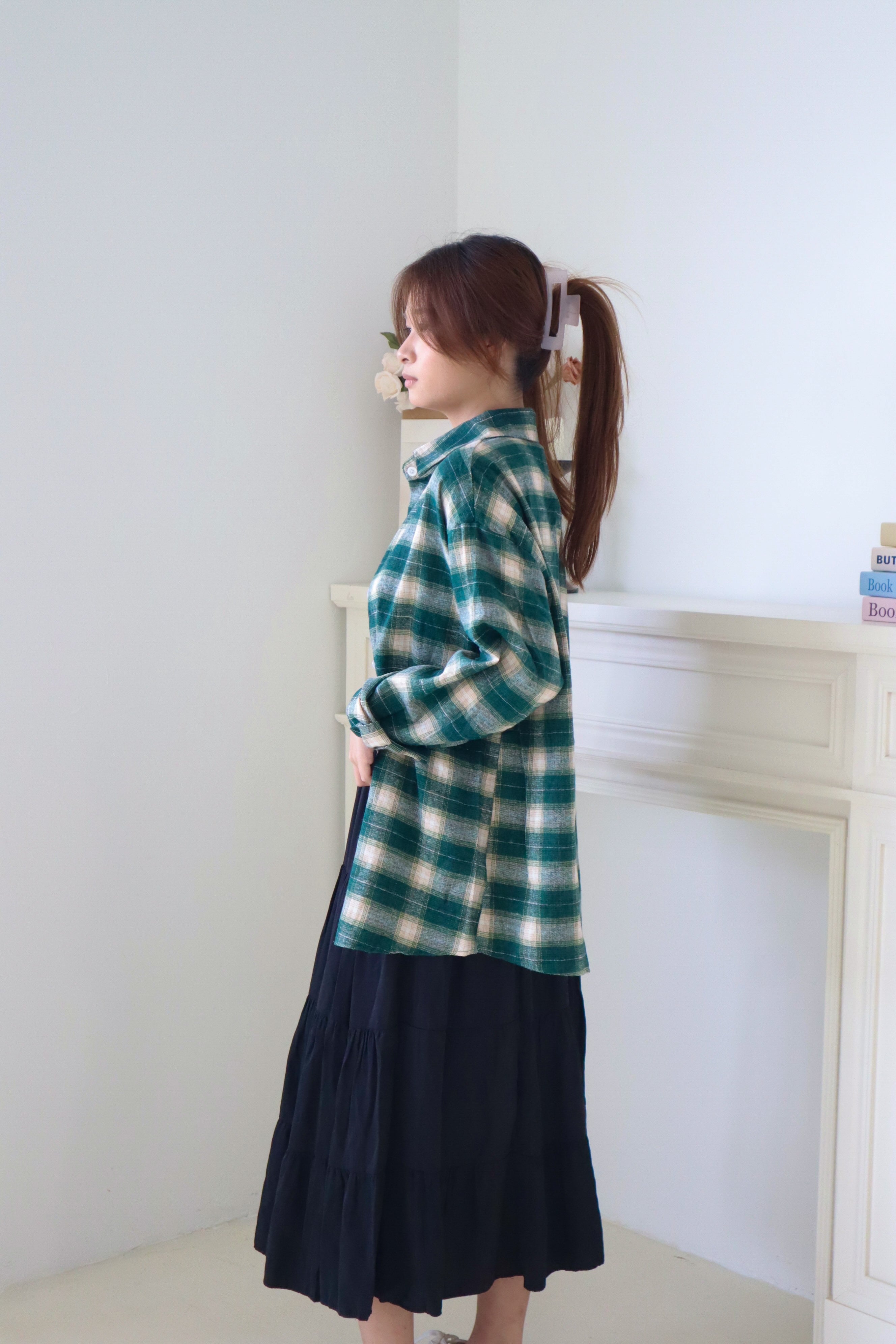 Green Pure Cotton Long-Sleeve Plaid Shirt
