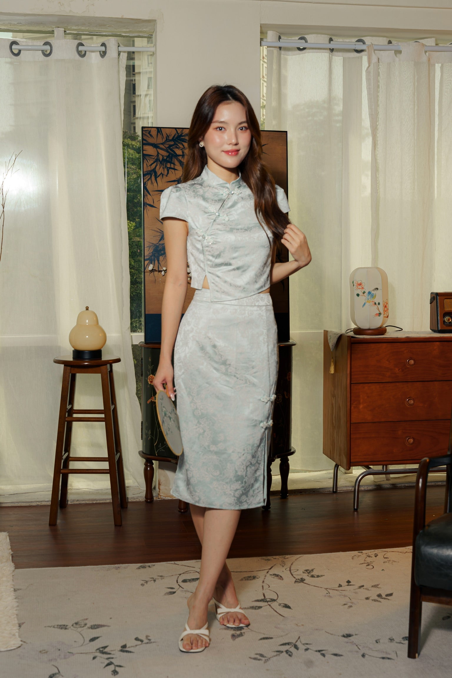 冰清玉洁 Jade Sleeved Cheongsam Top (Aqua Green)