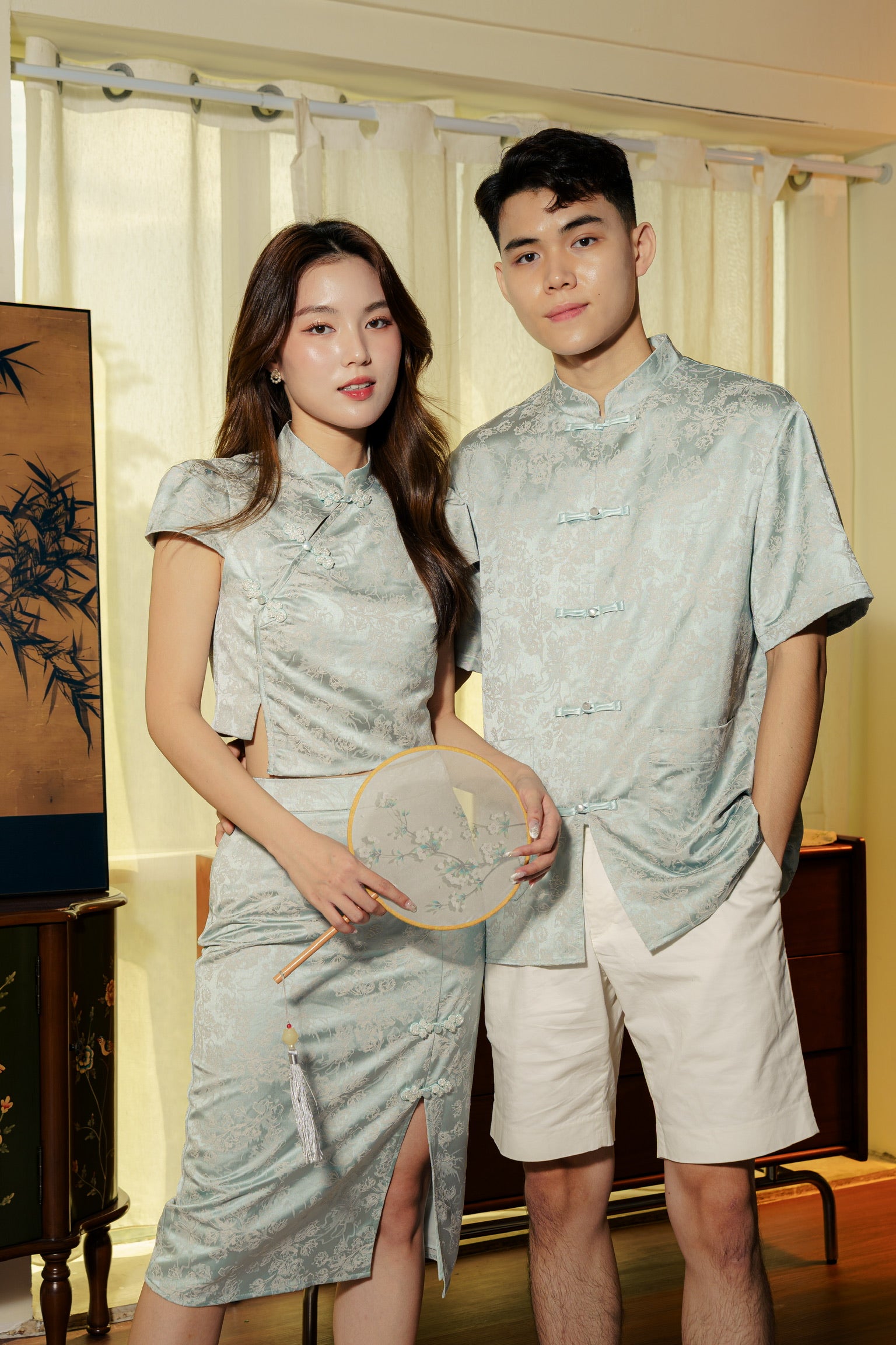 冰清玉洁 Jade Sleeved Cheongsam Top (Aqua Green)