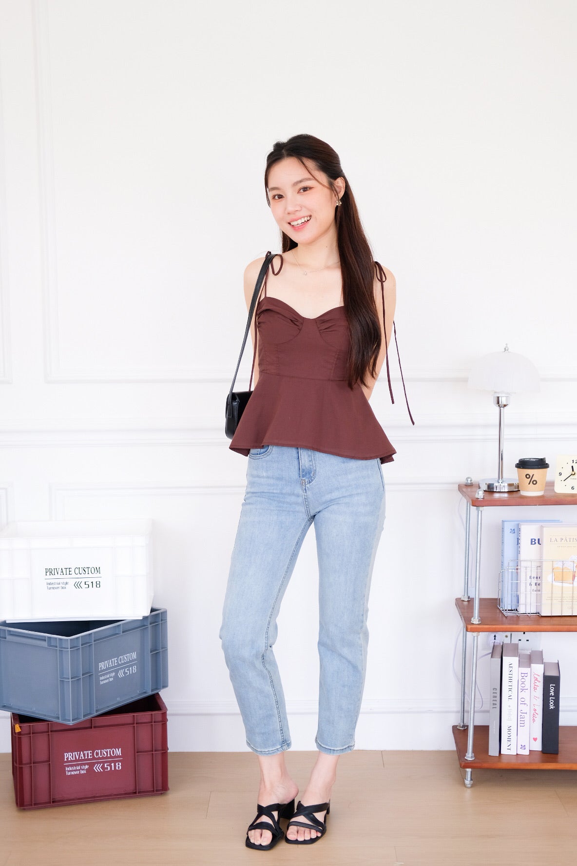 Mona Self Tie Ribbon Peplum Top (Mocha)