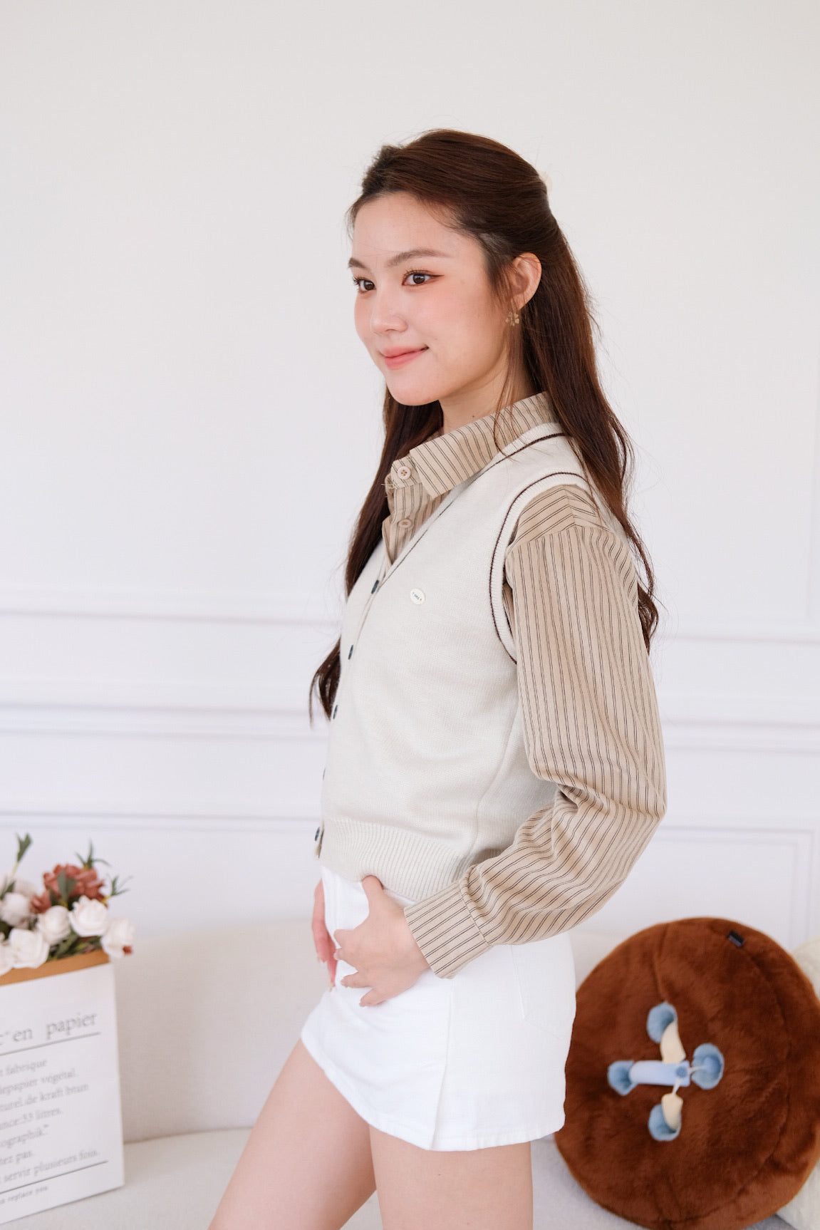 Tessa Contrast Knit Vest (Cream)