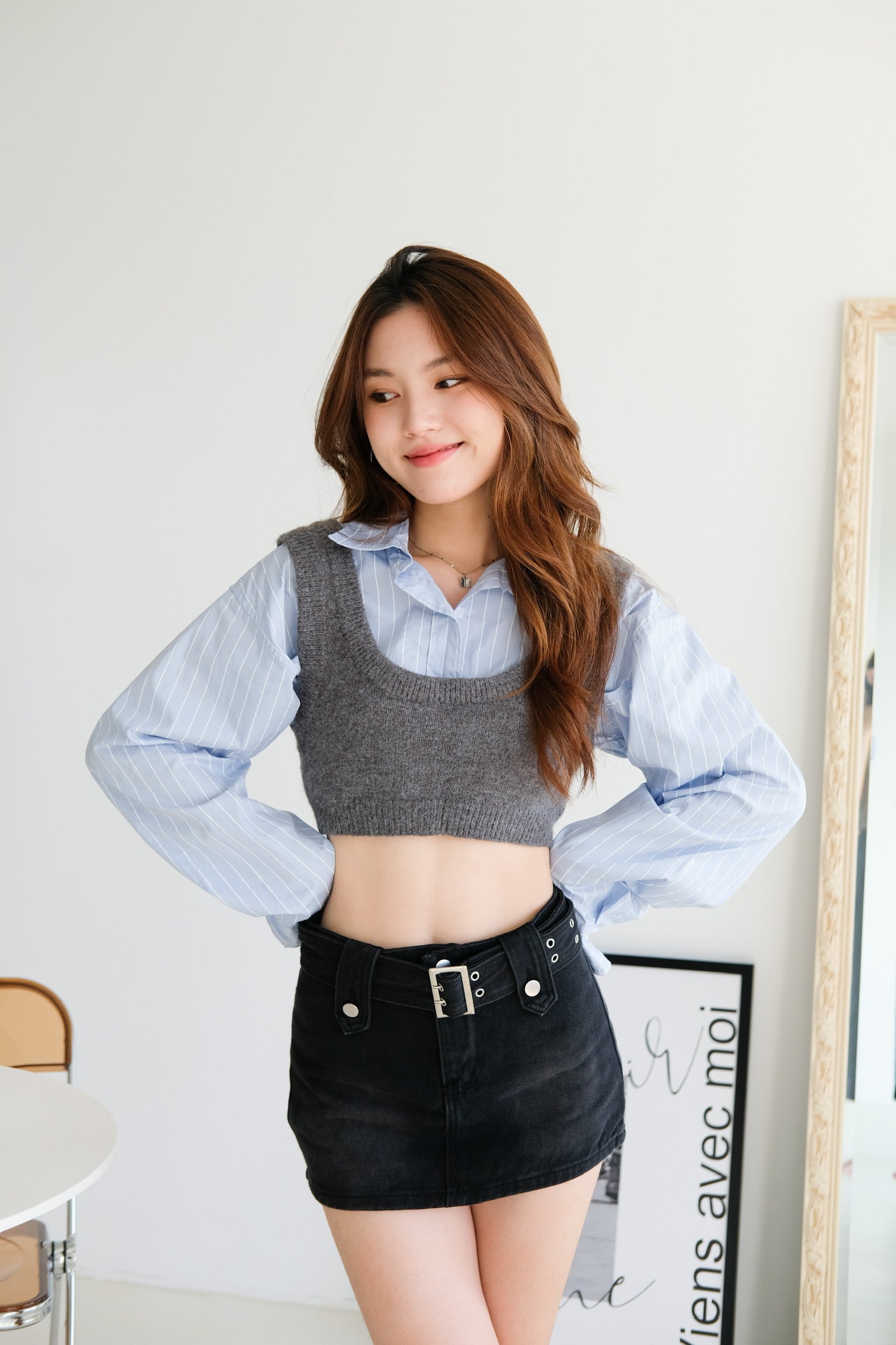 Faye Belt Denim Skirt (Denim Grey)