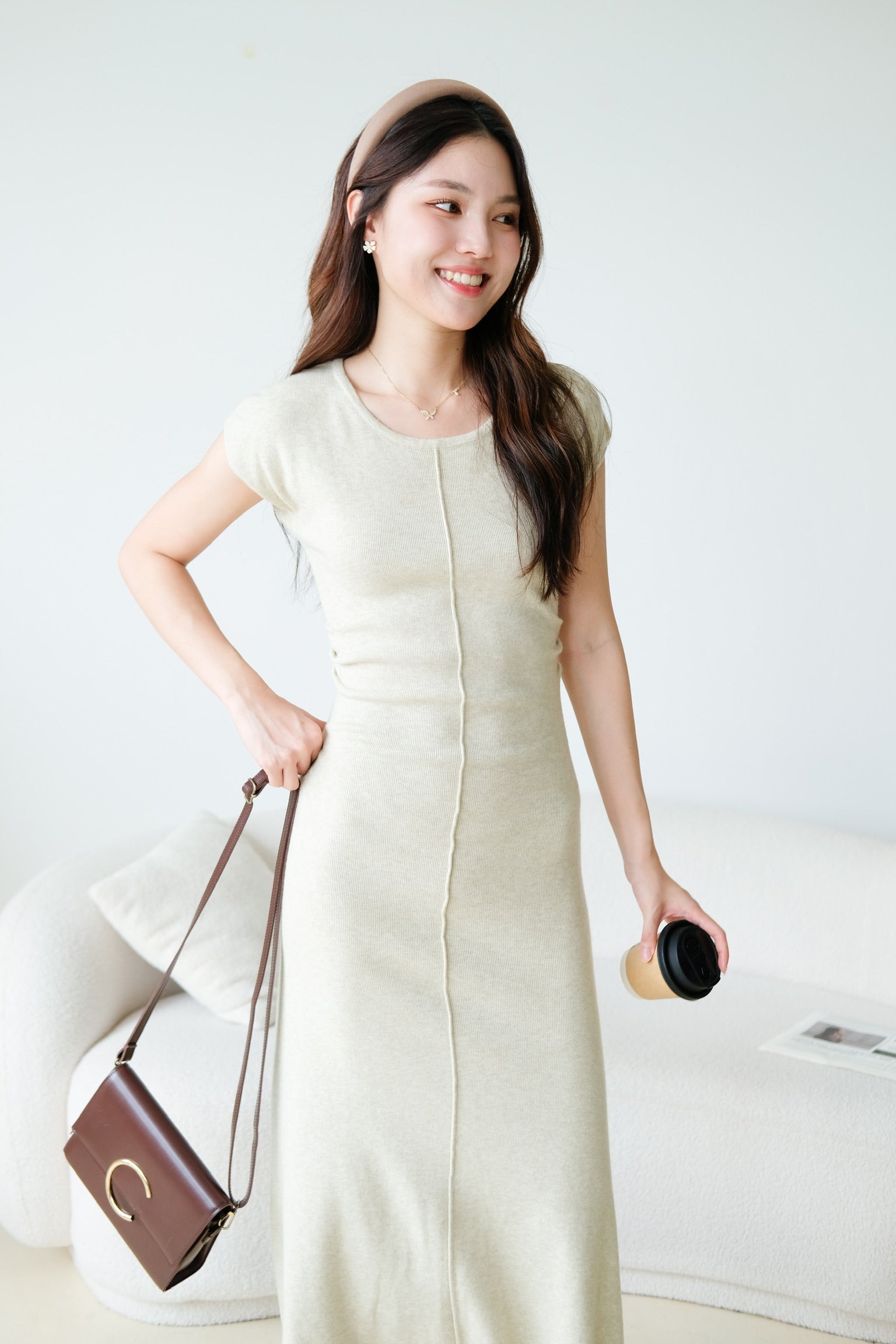 Samantha Crew Neck Knit Maxi Dress (Wheat Beige)