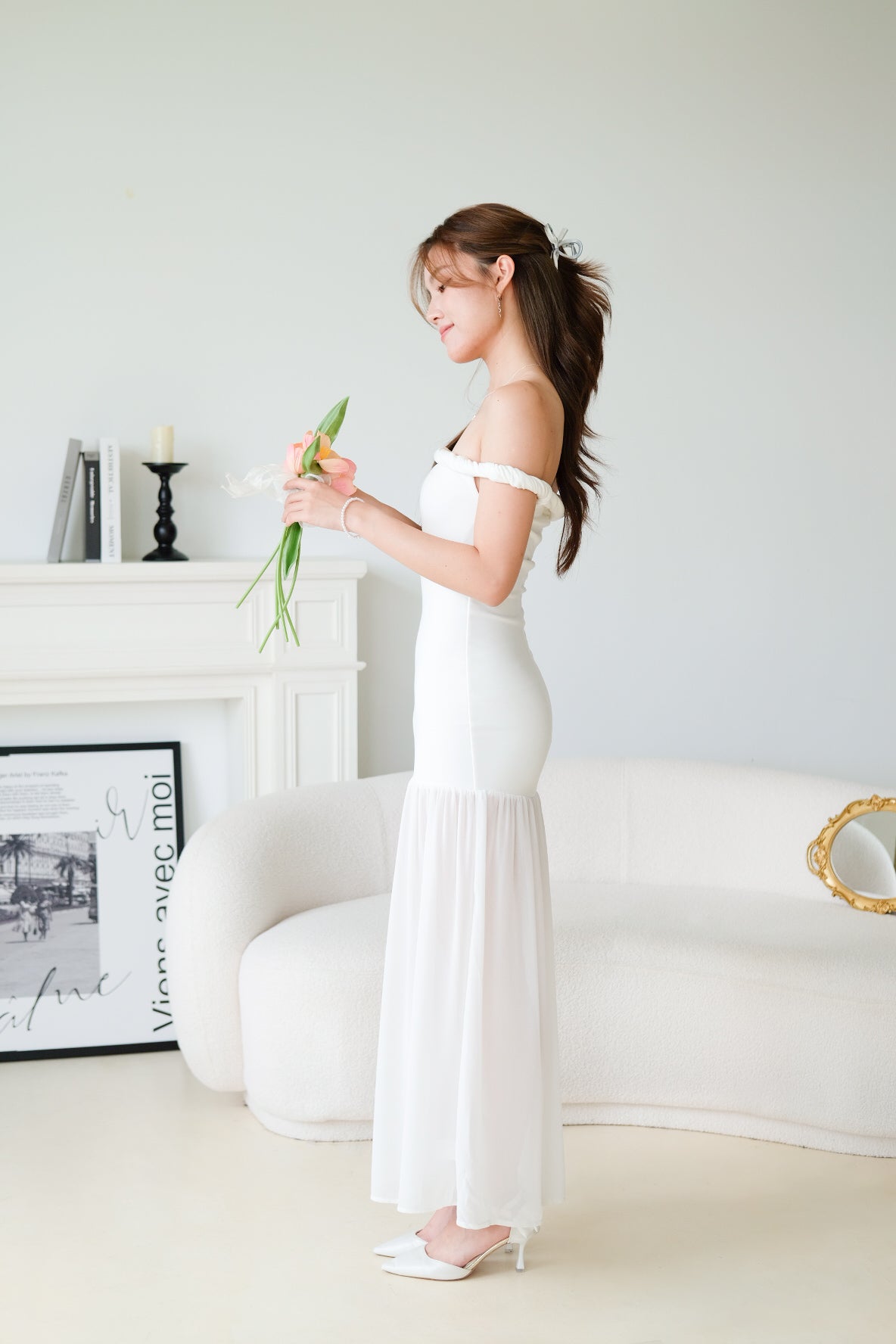 Kim Twist Off Shoulder Bodycon Maxi Dress (White)