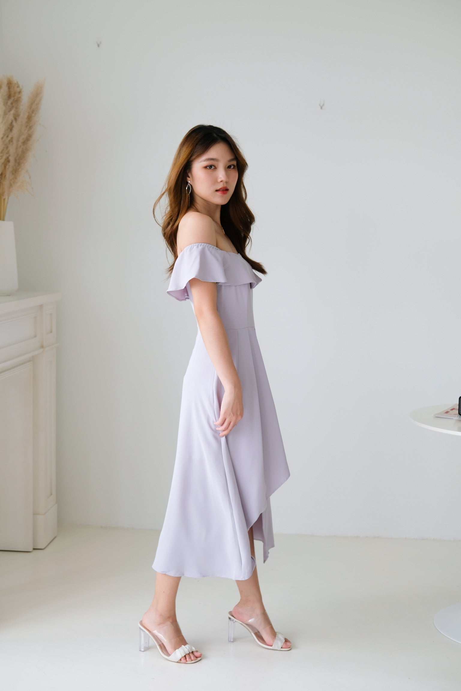 Danielle Ruffle Asymmetrical Maxi Dress (Purplish Grey)