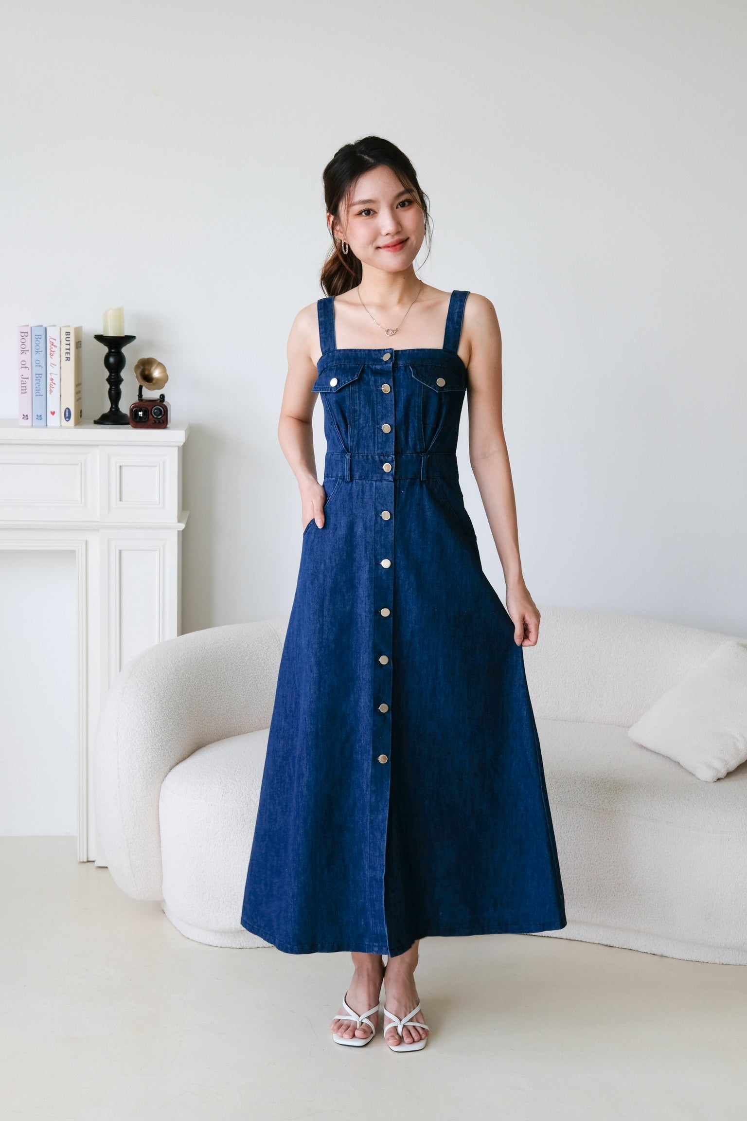 Ean Button Down Denim Maxi Dress (Dark Blue)