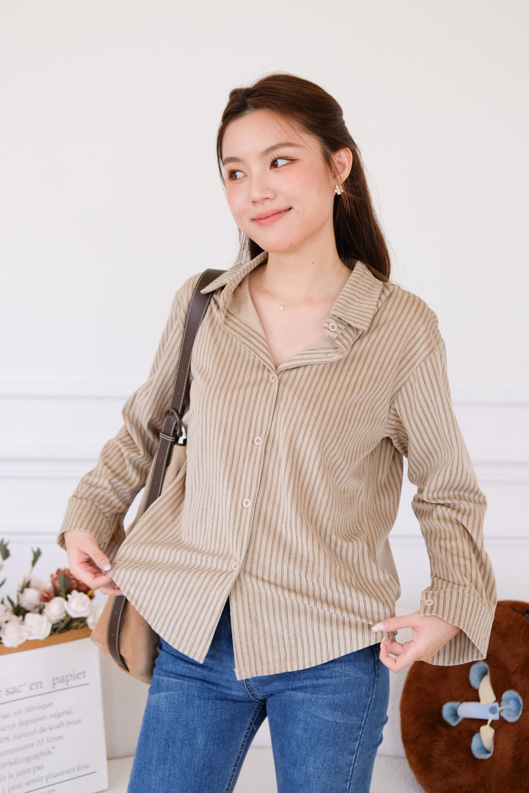 Henley Pinstripe Suede Shirt (Khaki)