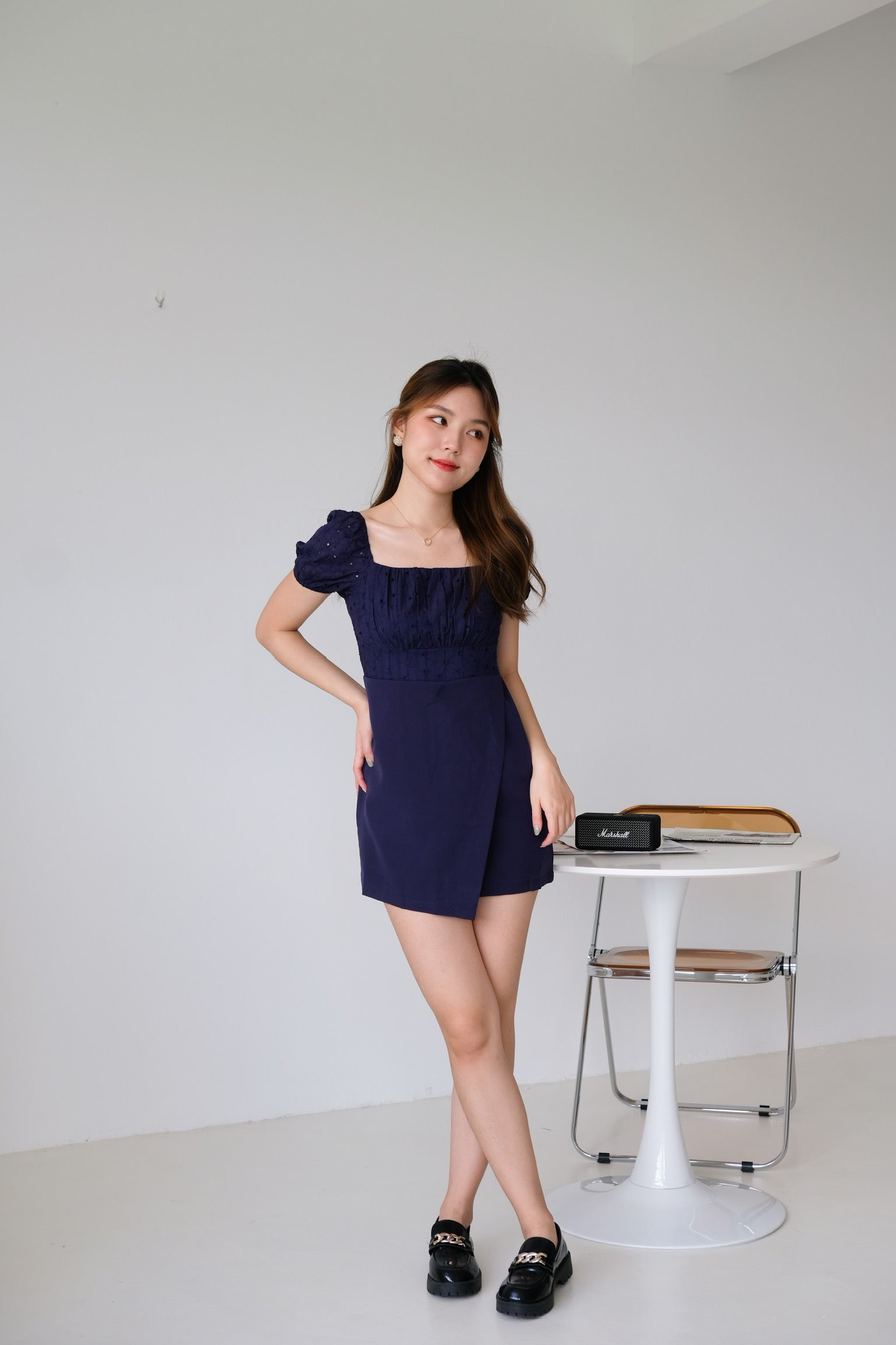 Kathryn Crochet Ruched Dress (Navy Blue)