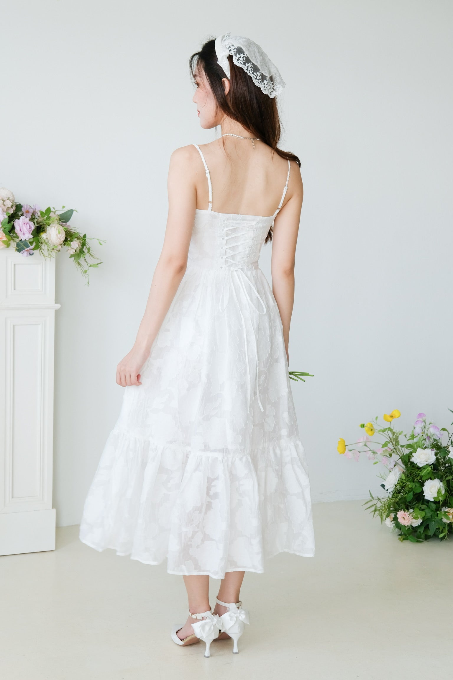 Natalia Floral Organza Midaxi Dress (White)