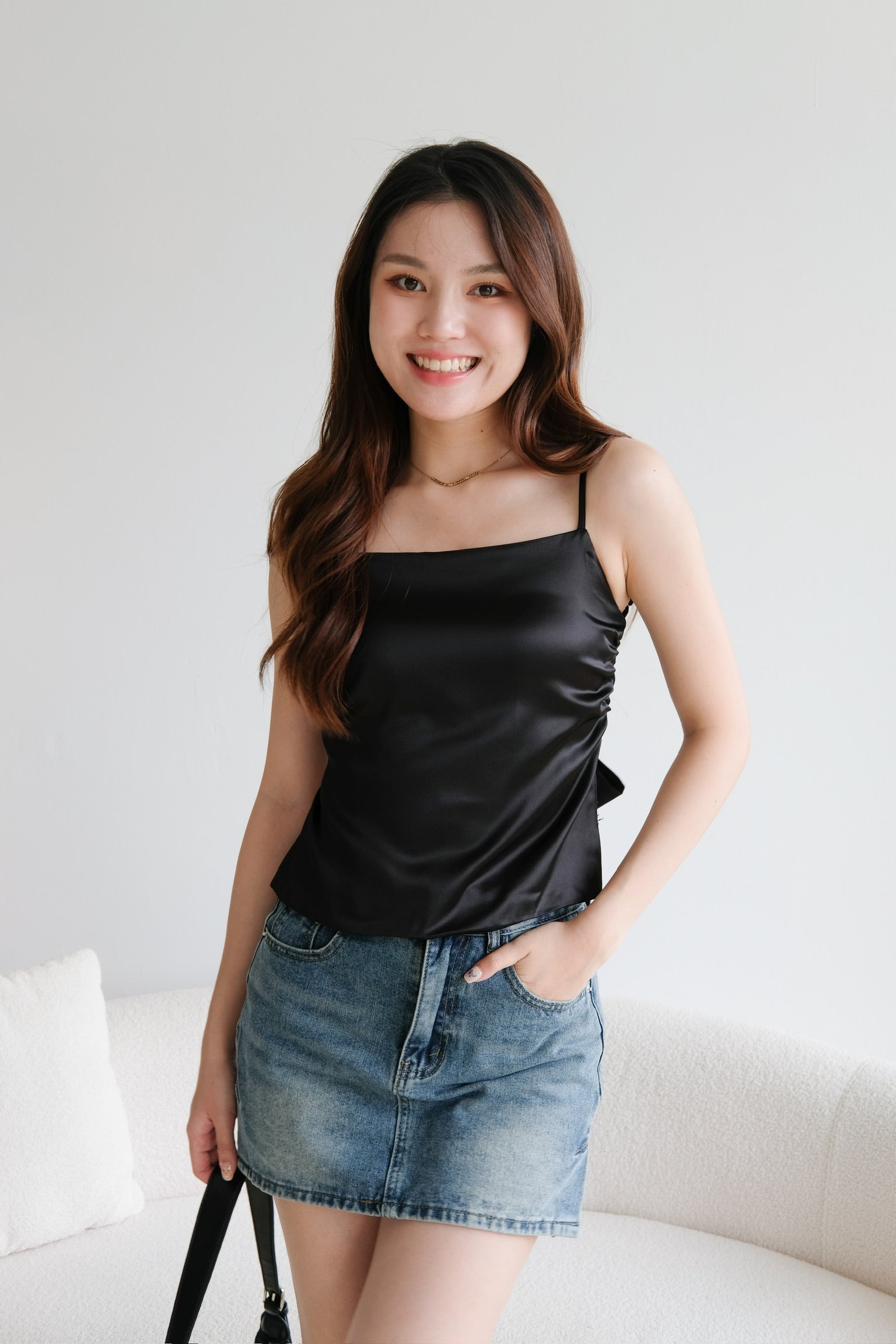 Emma Bareback Satin Top (Black)