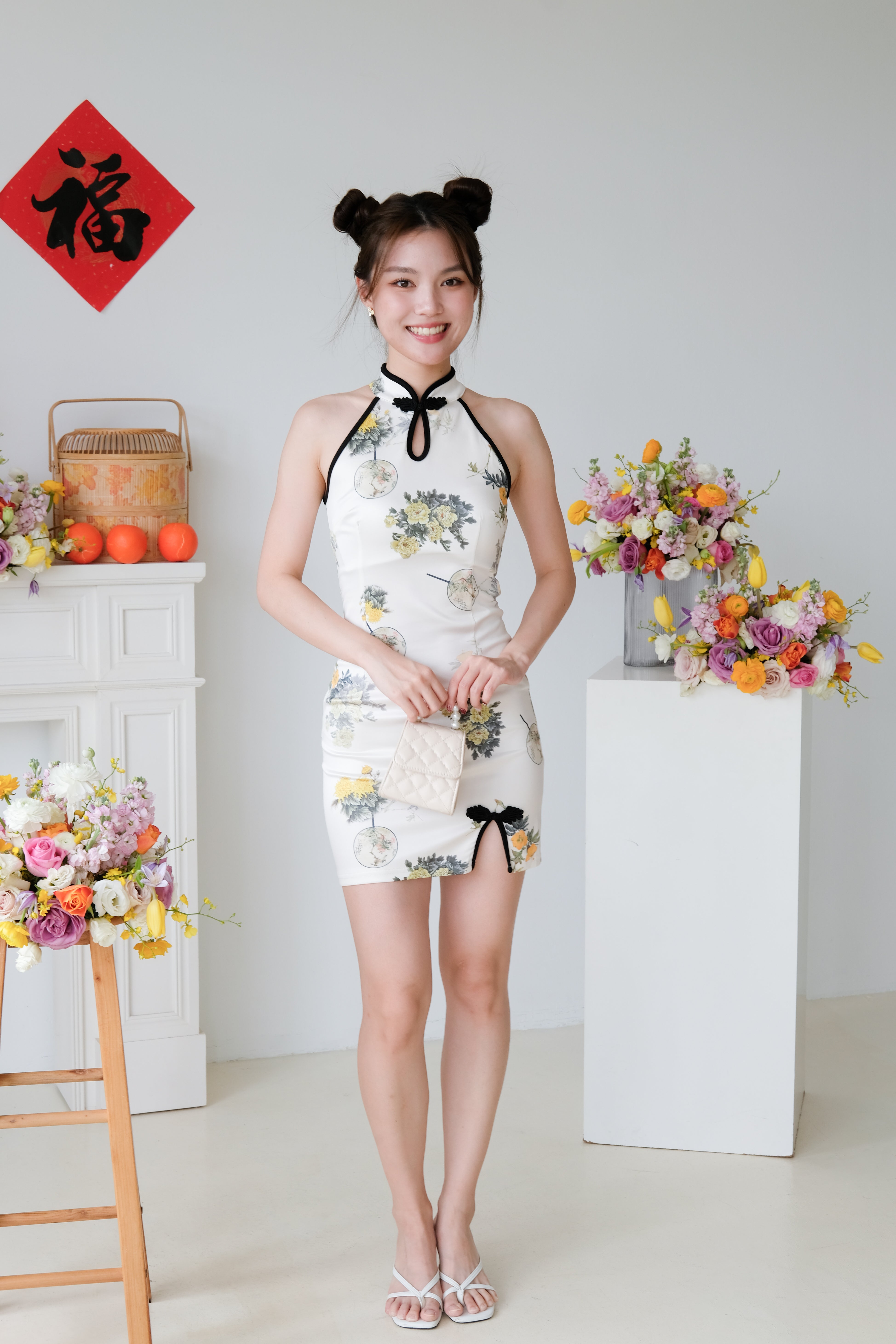 Fuqi Halter Mini Cheongsam (Cream)