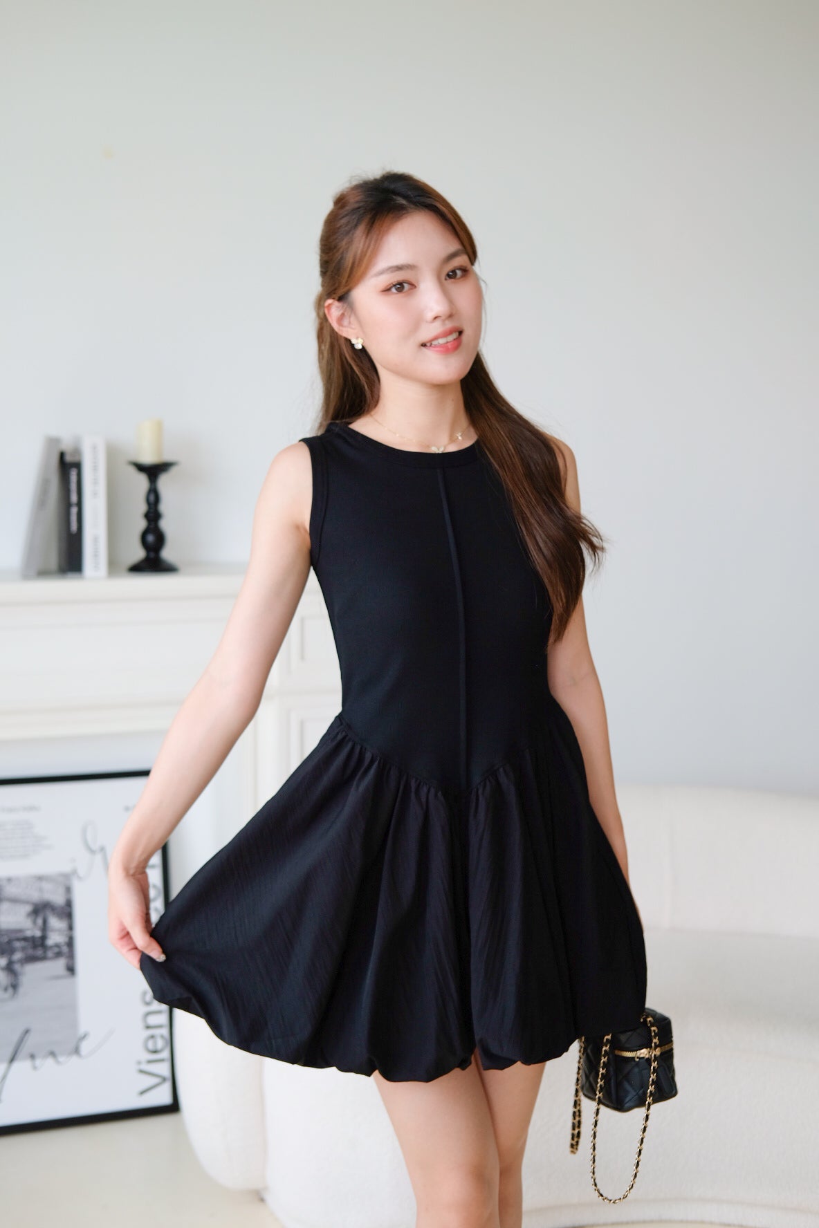 Carmen Ribbed Bubble Dress (Black)