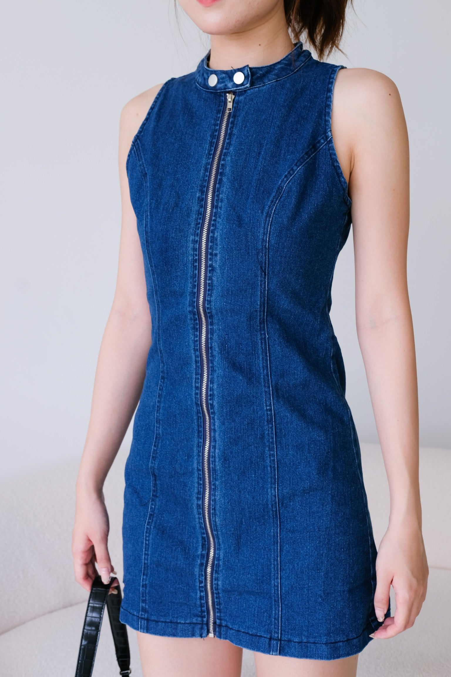 Joee High Neck Denim Dress (Dark Denim)