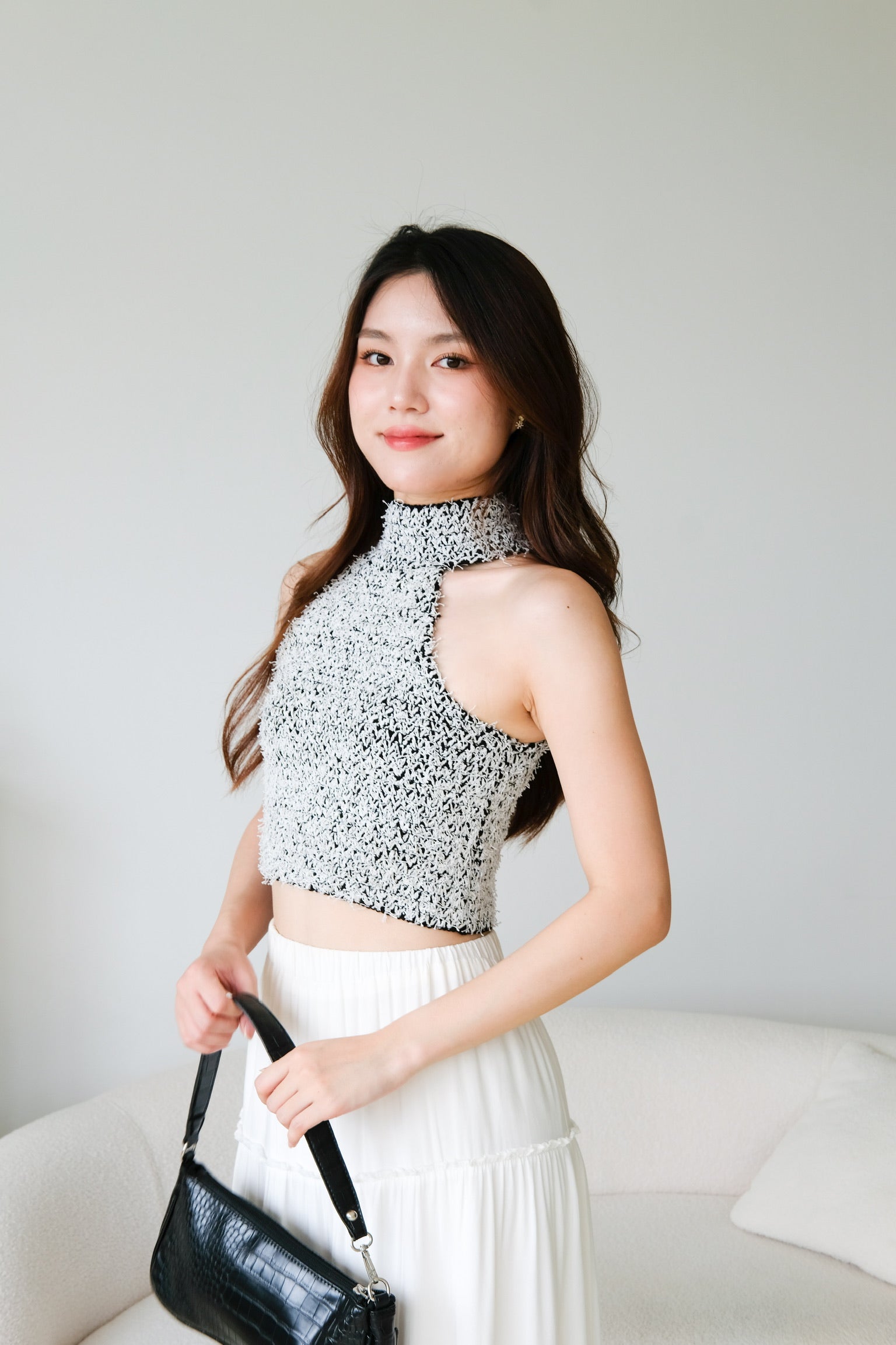 Hana Halter Tweed Crop (Silver)