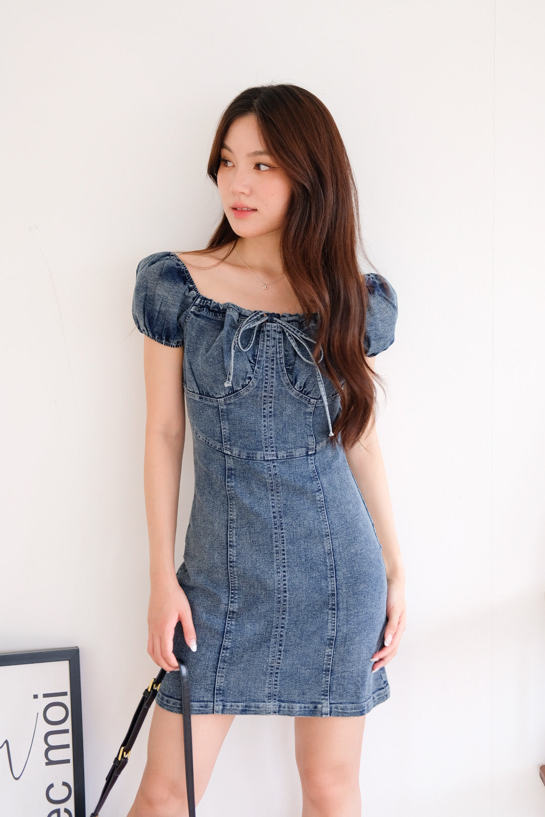 Celeste Ribbon Denim Dress (Dark Blue)