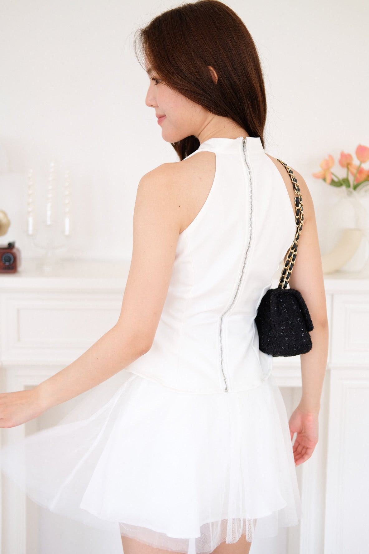Rosette Halter Flare Crop (White)