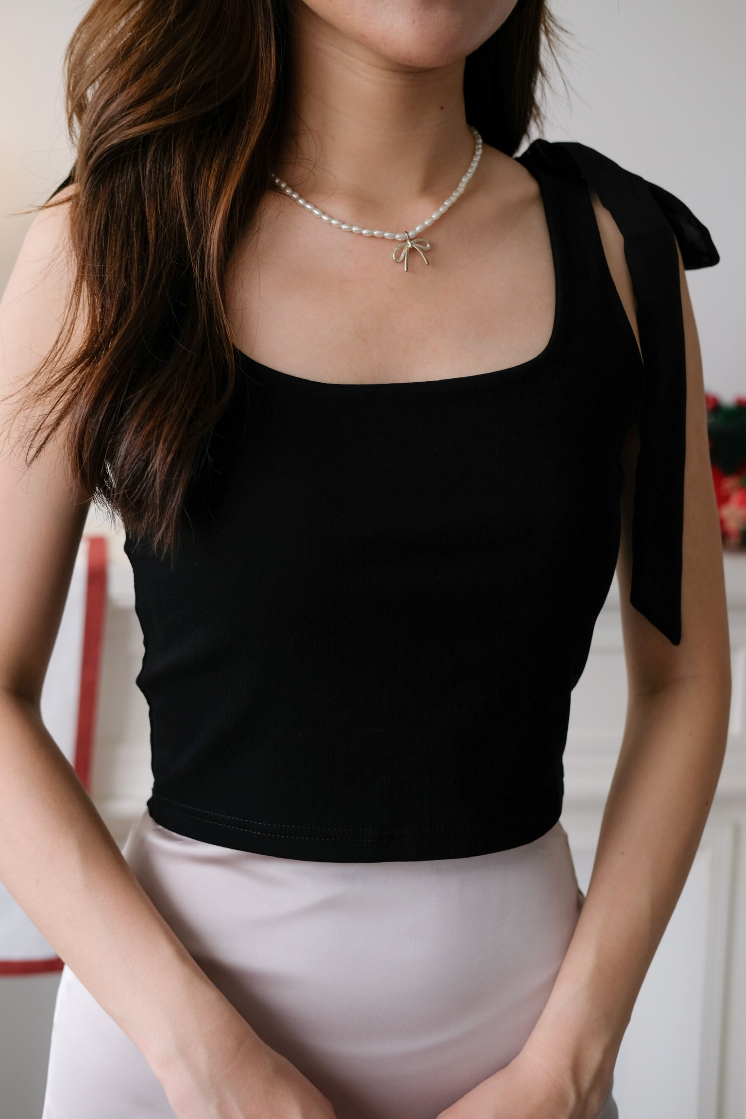 Bridget Self Tie Ribbon Crop Top (Black)