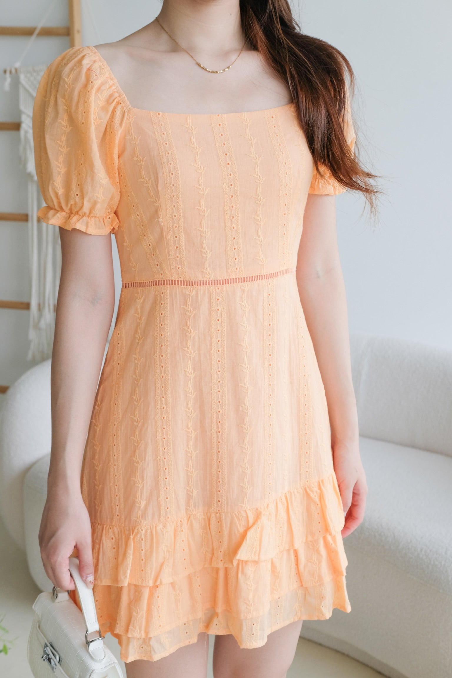 Evelyn Eyelet Ruffle Dress (Tangerine Orange)